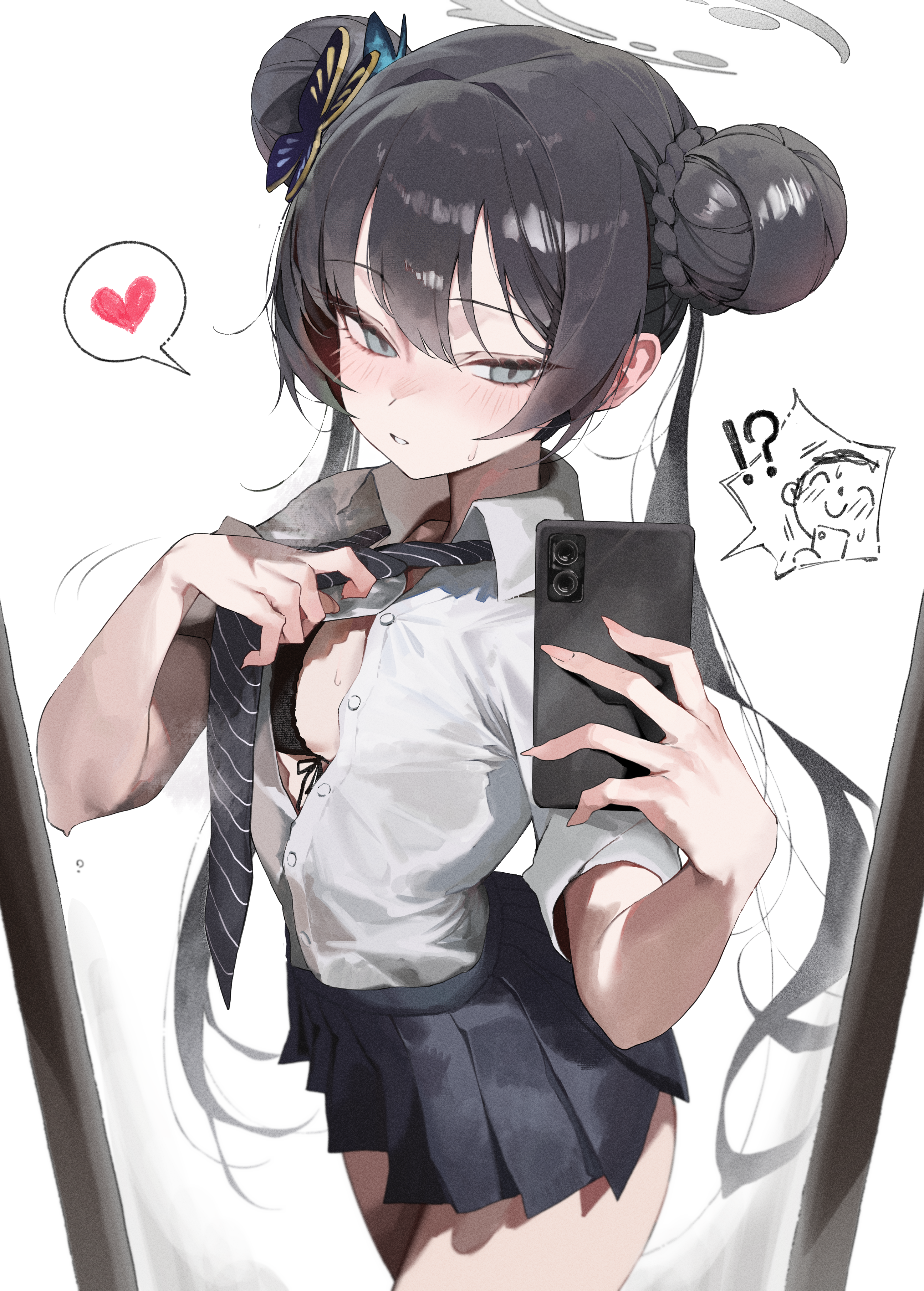 pepq, doodle sensei (blue archive), kisaki (blue archive), kisaki (school uniform) (blue archive), sensei (blue archive), blue archive, absurdres, commentary, highres, !?, 1girl, adjusting clothes, adjusting necktie, black bra, black hair, black necktie, black skirt, blush, bra, braid, braided bun, breasts, butterfly hair ornament, cellphone, diagonal-striped clothes, diagonal-striped necktie, double bun, dress shirt, fingernails, front-tie bra, full-length mirror, hair bun, hair ornament, halo, heart, holding, holding phone, long hair, miniskirt, mirror, necktie, official alternate costume, partially unbuttoned, phone, pleated skirt, reflection, reflection focus, selfie, shirt, shirt tucked in, simple background, skirt, small breasts, smartphone, solo, spoken expression, spoken heart, striped clothes, sweat, thighs, twintails, underwear, very long hair, video call, white background, white shirt