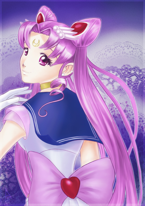 chibi usa, sailor chibi moon, bishoujo senshi sailor moon, 1990s (style), 1girl, aged up, blue sailor collar, bow, brooch, cone hair bun, earrings, female focus, hair bun, heart, heart brooch, jewelry, long hair, magical girl, pink bow, pink eyes, pink hair, purple eyes, purple hair, retro artstyle, sailor collar, school uniform, serafuku, solo, twintails