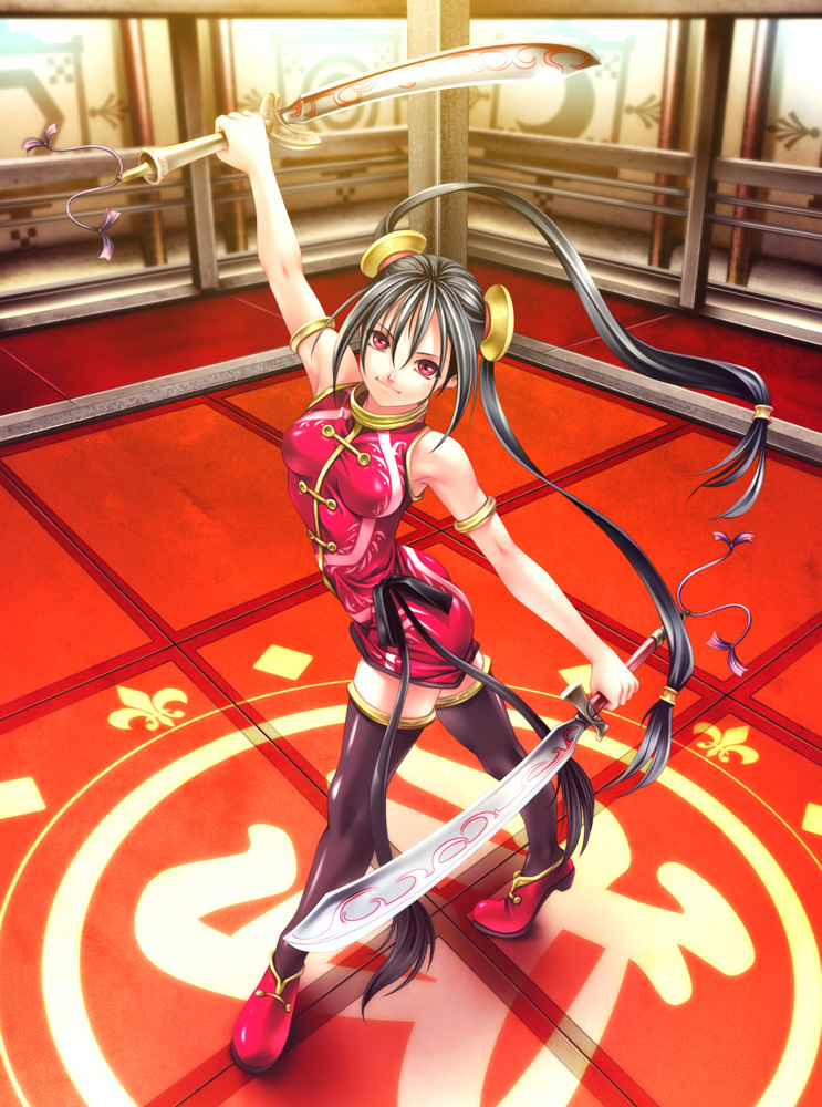 rezi, original, bad id, bad pixiv id, 1girl, black hair, china dress, chinese clothes, dao (weapon), dress, dual wielding, female focus, holding, legs, lips, long hair, long legs, red eyes, solo, sword, thighhighs, twintails, weapon, zettai ryouiki
