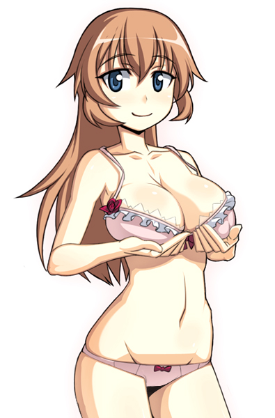 caryo, nanashino, charlotte e. yeager, strike witches, world witches series, 00s, 1girl, blue eyes, bra, breast lift, breasts, cleavage, curvy, female focus, groin, large breasts, lingerie, long hair, panties, smile, solo, underwear, underwear only
