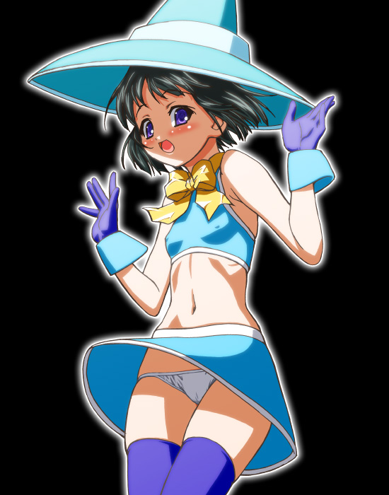 gambler club, sendou yukari, rosario+vampire, 00s, black background, black hair, blue hat, blue thighhighs, bob cut, cowboy shot, flat chest, gloves, hat, midriff, navel, panties, pantyshot, purple eyes, short hair, simple background, solo, standing, thighhighs, underwear, upskirt, witch hat