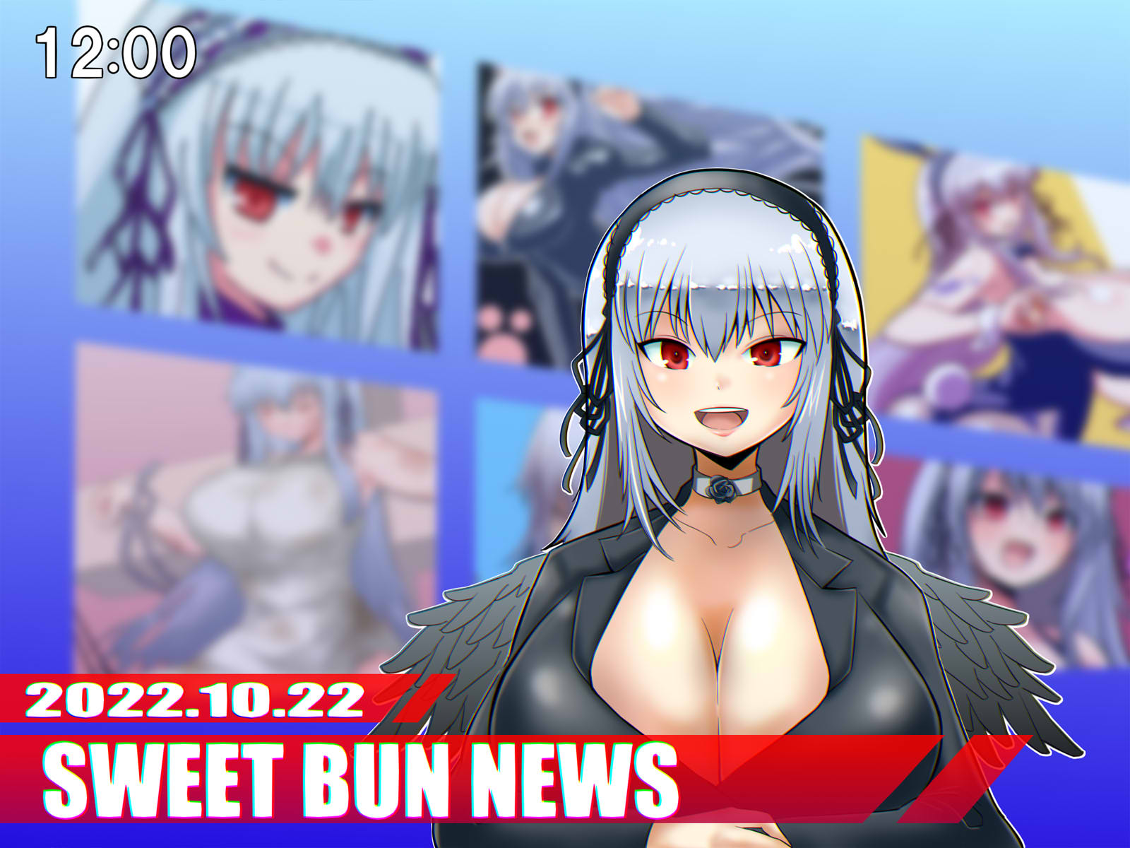 itini-sanshi, suigintou, rozen maiden, commentary request, highres, 1girl, :d, alternate breast size (larger), alternate costume, black flower, black hairband, black jacket, black ribbon, black rose, black wings, blazer, breaking news, breasts, choker, cleavage, feathered wings, flower, grey choker, grey hair, hair ribbon, hairband, huge breasts, jacket, lolita hairband, long hair, looking at viewer, news, open mouth, red eyes, reporter, ribbon, rose, smile, solo, teeth, upper body, upper teeth only, wings