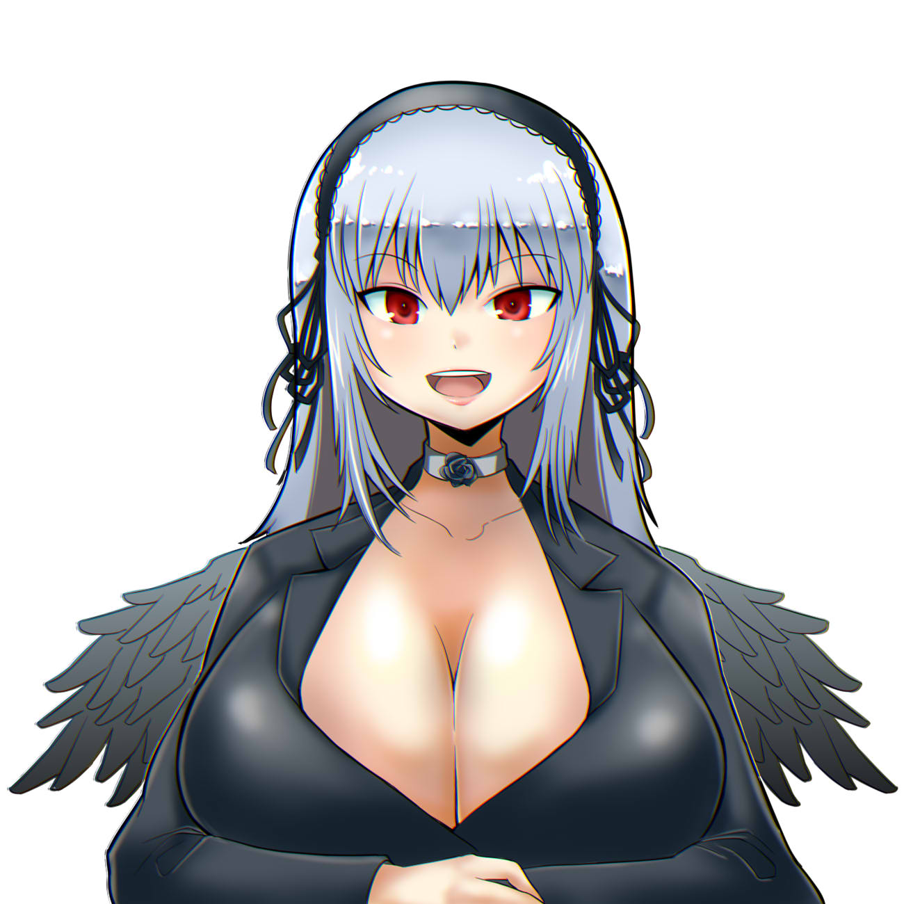 itini-sanshi, suigintou, rozen maiden, commentary request, highres, 1girl, :d, alternate breast size (larger), alternate costume, black flower, black hairband, black jacket, black ribbon, black rose, black wings, blazer, breasts, choker, cleavage, feathered wings, flower, grey choker, grey hair, hair ribbon, hairband, huge breasts, jacket, lolita hairband, long hair, looking at viewer, open mouth, red eyes, ribbon, rose, simple background, smile, solo, teeth, upper body, upper teeth only, white background, wings