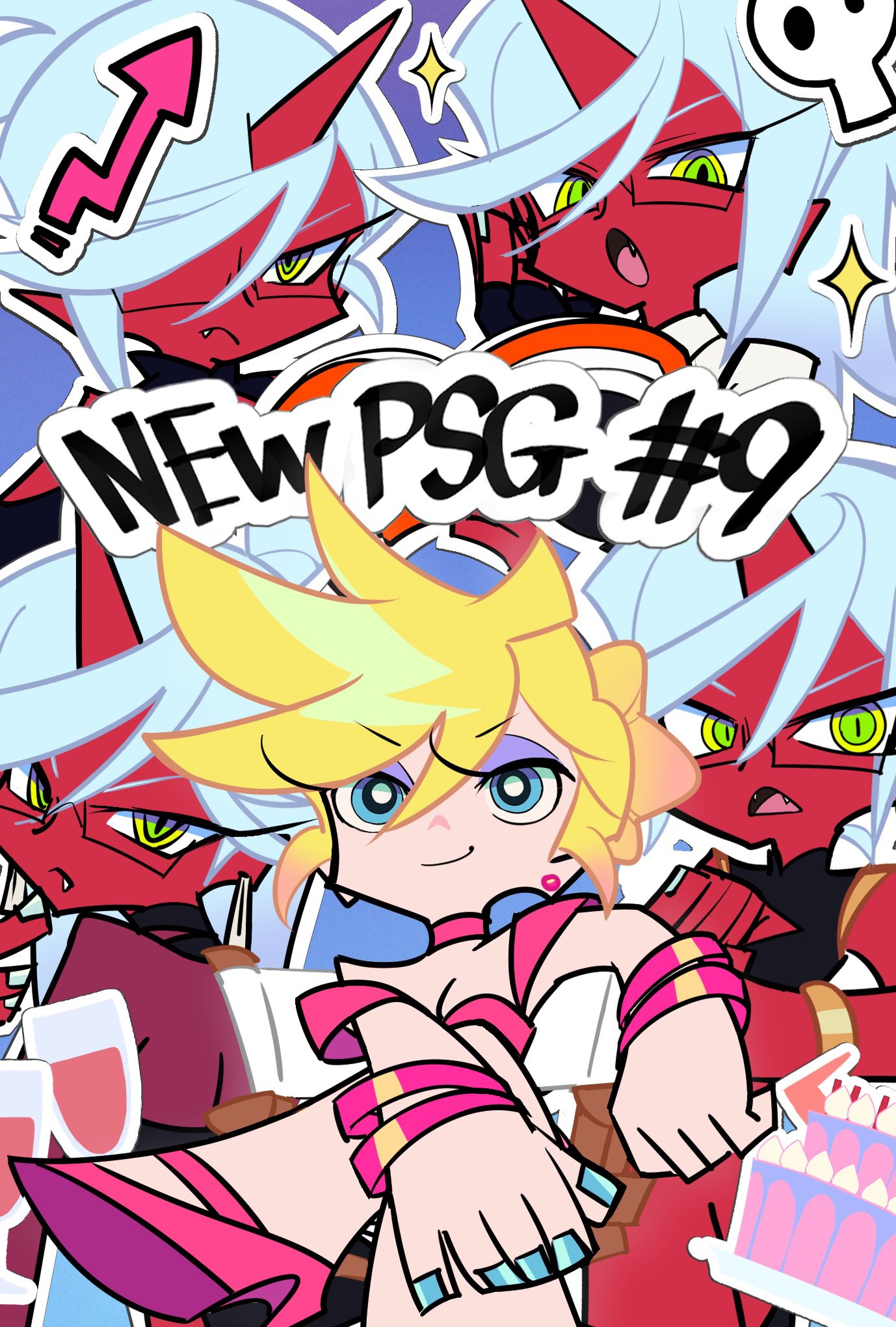 aohara ema, kneesocks (psg), panty (psg), panty & stocking with garterbelt, highres, 5girls, anime coloring, blonde hair, blue eyes, blue nails, copyright name, earrings, english text, eyeshadow, glasses, green eyes, grey hair, jewelry, makeup, multiple girls, purple eyeshadow, smile, star (symbol), star print, title