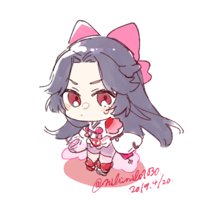 nibinibi1030, azuma sara, sarazanmai, commentary request, lowres, 1girl, black hair, bow, chibi, chibi only, closed mouth, full body, long hair, long sleeves, looking at viewer, pink bow, red eyes, simple background, solo, white background