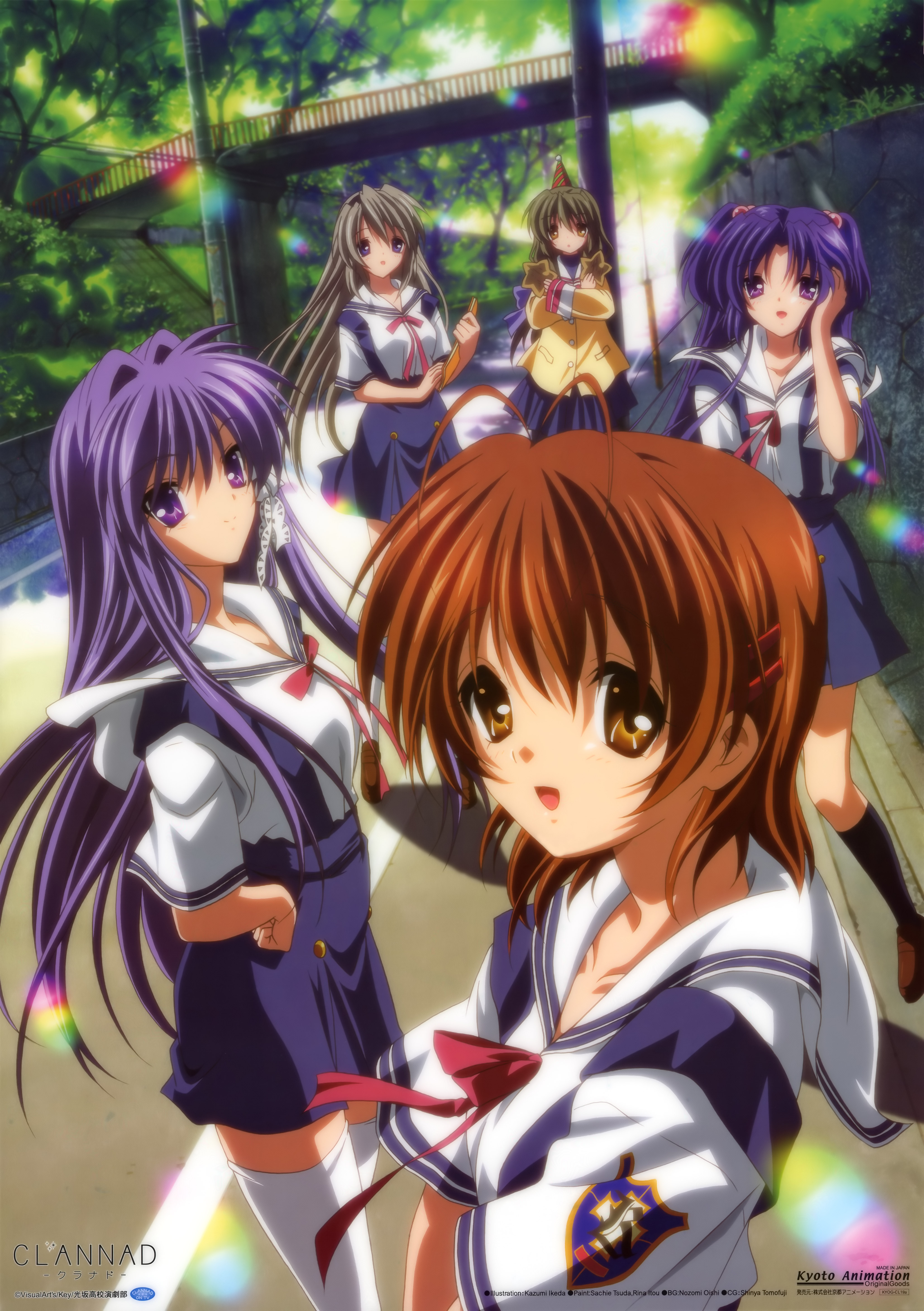 ikeda kazumi, fujibayashi kyou, furukawa nagisa, ibuki fuuko, ichinose kotomi, sakagami tomoyo, clannad, silver hair, absurdres, highres, non-web source, official art, 00s, 5girls, antenna hair, blue eyes, bow, brown eyes, brown hair, hat, kneehighs, long hair, multiple girls, purple eyes, purple hair, ribbon, school uniform, serafuku, short hair, socks, starfish, thighhighs, very long hair