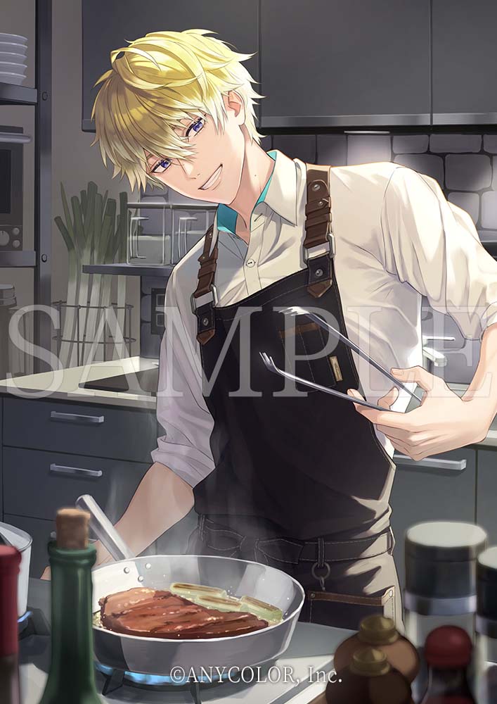 otton, sonny brisko, nijisanji, nijisanji en, official art, 1boy, apron, black apron, blonde hair, bottle, cabinet, collared shirt, cooking, cooking pot, copyright notice, counter, cowboy shot, drawer, faucet, food, frying pan, grin, hair between eyes, holding, holding tongs, indoors, kitchen, looking at viewer, male focus, mole, mole on neck, oven, pepper shaker, plate, plate stack, purple eyes, sample watermark, shelf, shirt, short hair, sleeves rolled up, smile, solo, spring onion, standing, steak, steam, stove, tongs, virtual youtuber, watermark, wine bottle