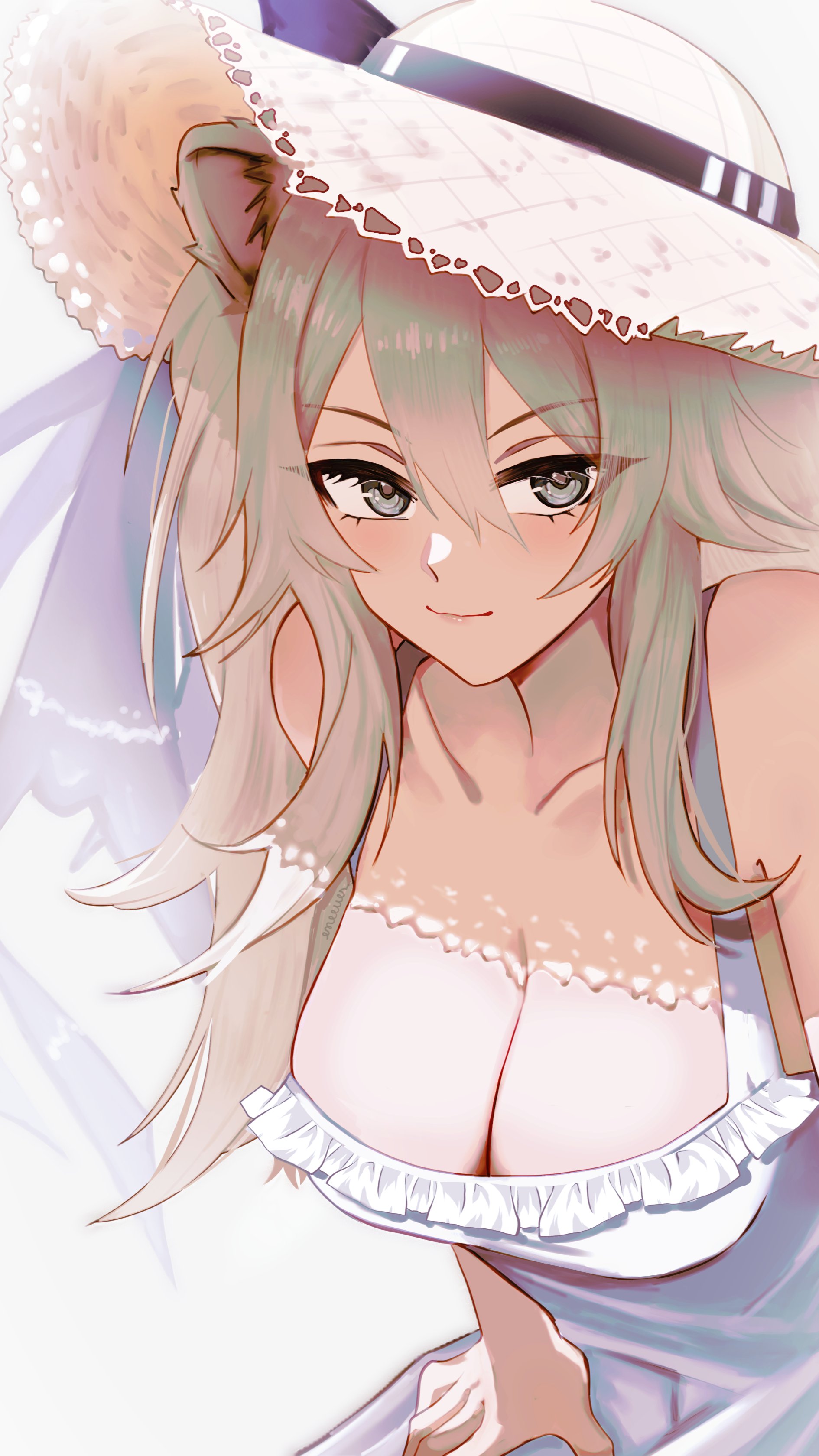 eneeues, shishiro botan, hololive, absurdres, highres, 1girl, animal ears, bare shoulders, breasts, cleavage, closed mouth, collarbone, dress, grey hair, hat, large breasts, lion ears, lion girl, long hair, looking at viewer, sidelocks, sleeveless, sleeveless dress, smile, solo, straw hat, sun hat, sundress, virtual youtuber, white dress