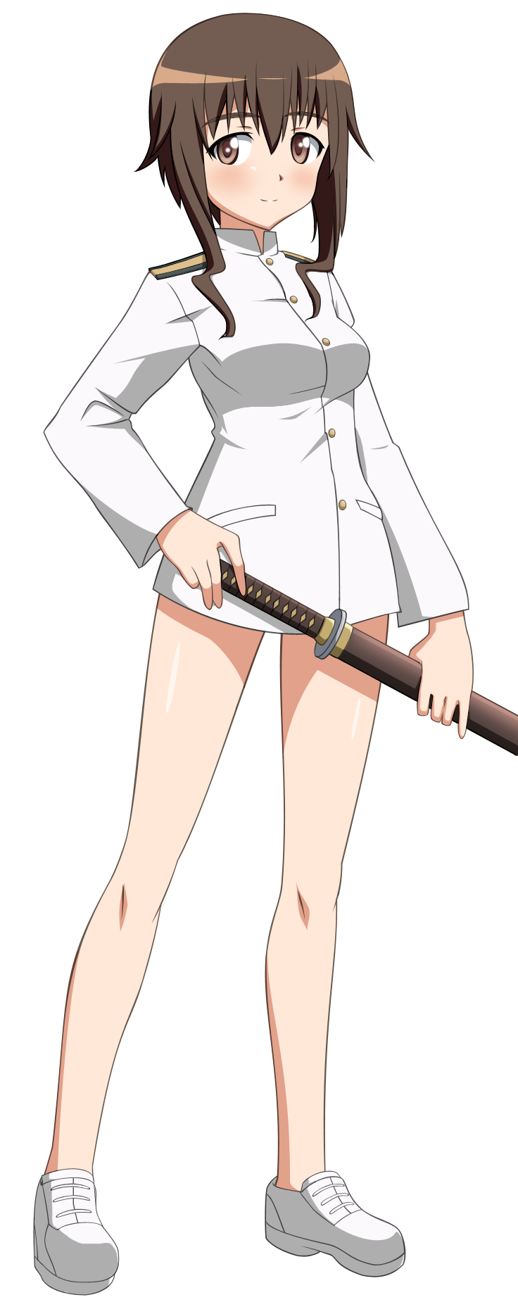 takei junko, strike witches, strike witches: kurenai no majo-tachi, world witches series, highres, non-web source, 00s, 1girl, brown hair, female focus, full body, holding, holding sword, holding weapon, loafers, long sleeves, looking at viewer, military, military uniform, sheath, sheathed, shoes, short hair, solo, standing, sword, transparent background, weapon