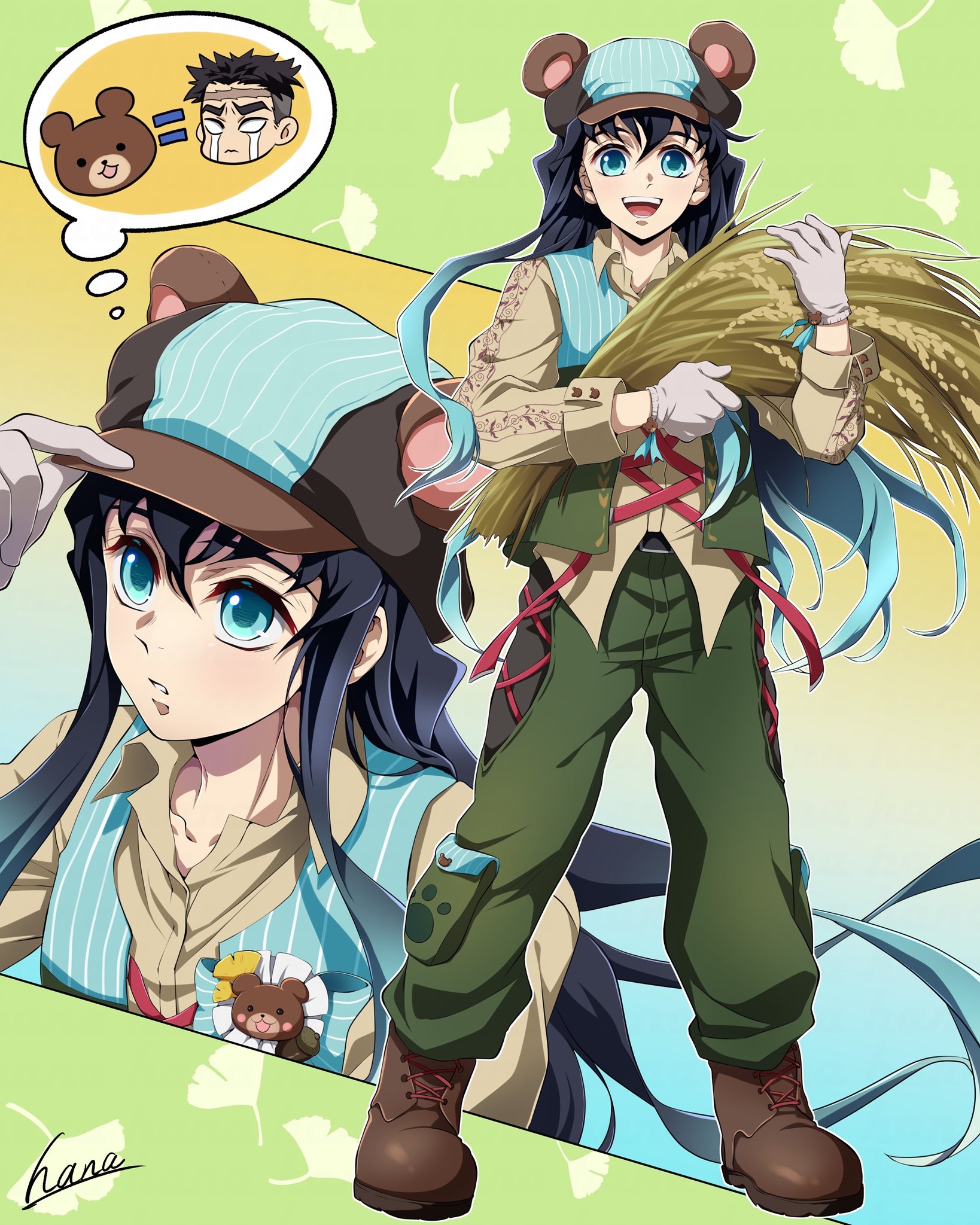 hana ni nare, himejima gyoumei, tokitou muichirou, kimetsu no yaiba, highres, 1boy, animal ears, animal hat, aqua eyes, aqua hair, bear ears, bear hat, black hair, boots, brown shirt, brown shoes, gloves, gradient hair, green pants, hat, holding, long hair, long sleeves, looking at viewer, male focus, multicolored hair, multicolored hat, multicolored vest, multiple views, open mouth, pants, shirt, shoes, simple background, smile, two-tone hair, white gloves