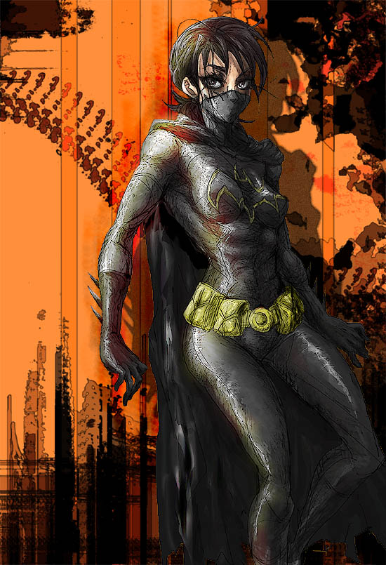 chie (artist), batgirl, black bat, cassandra cain, batman (series), dc comics, 1girl, against wall, belt, black eyes, black hair, bodysuit, cape, female focus, gloves, half mask, mask, ponytail, short hair, skin tight, solo