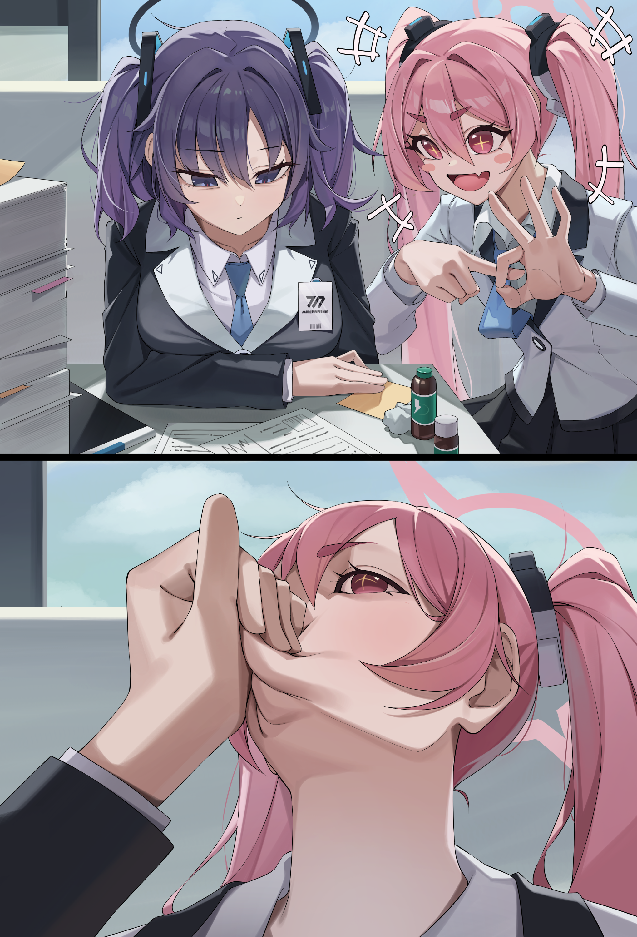 um 111, koyuki (blue archive), yuuka (blue archive), blue archive, absurdres, highres, 2girls, black halo, blue necktie, halo, indoors, long hair, multiple girls, necktie, open mouth, penetration gesture, pink eyes, pink hair, purple eyes, purple hair, twintails