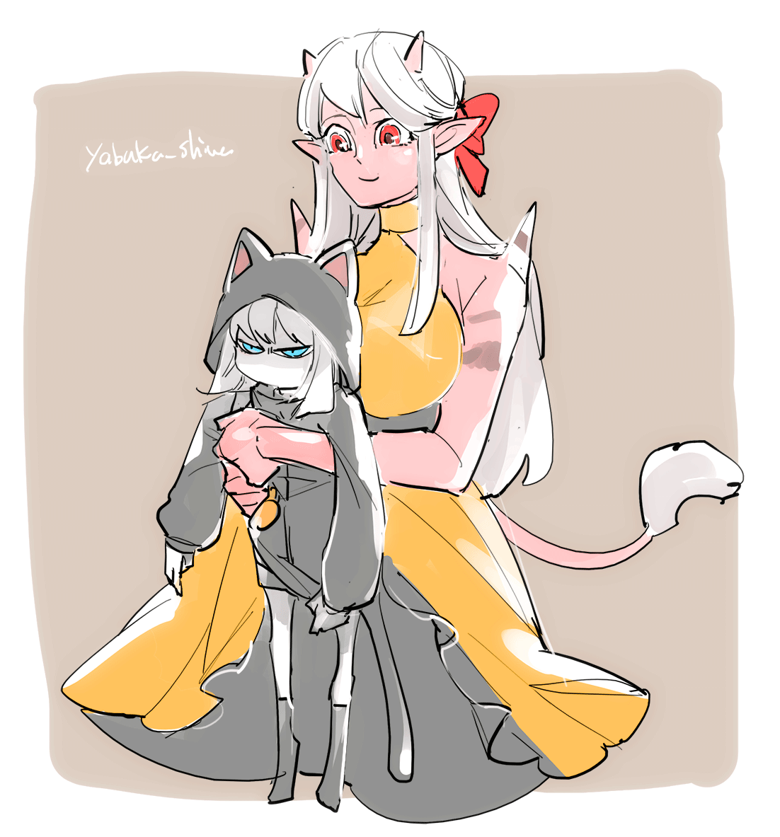 yabuka shiwa, final fantasy, final fantasy xiv, 1boy, 1girl, animal ears, blue eyes, carrying, carrying person, cat ears, cat girl, cat tail, horns, long hair, medium hair, pointy ears, red hair, tail