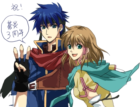 ike (fire emblem), mist (fire emblem), mist (path of radiance) (fire emblem), fire emblem, fire emblem: path of radiance, fire emblem: radiant dawn, nintendo, lowres, translation request, 1boy, 1girl, blue eyes, blue hair, brother and sister, brown hair, gloves, green hair, hair tubes, headband, scarf, short hair, siblings, smile