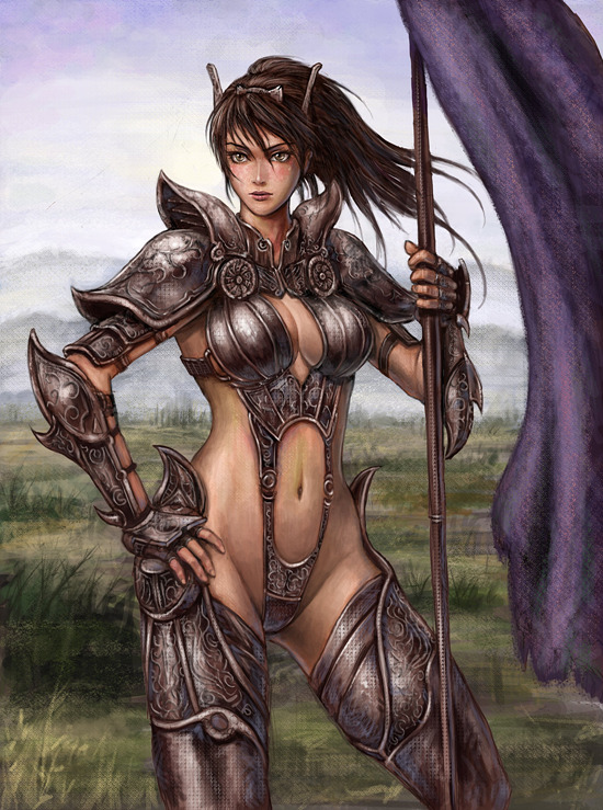 neongun, capcom, monster hunter (series), 1girl, armor, bikini armor, black hair, boots, breasts, center opening, female focus, fingerless gloves, gauntlets, gloves, hand on own hip, hip focus, navel, polearm, ponytail, solo, thigh boots, thighhighs, weapon
