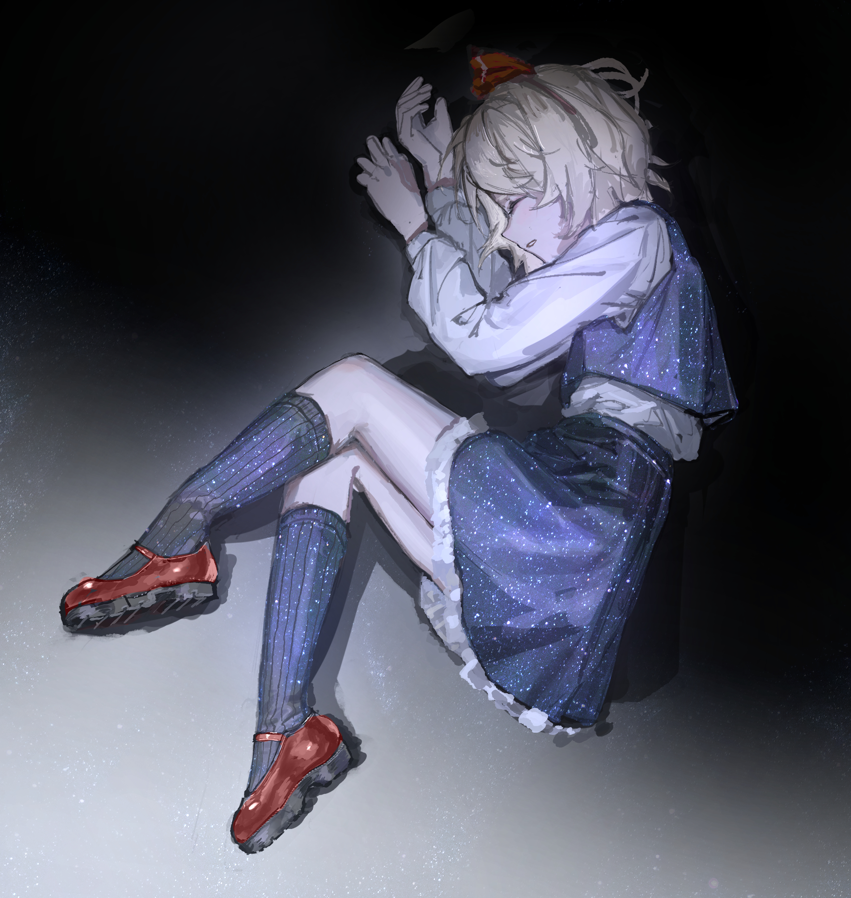 magnistr1, rumia, touhou, absurdres, highres, 1girl, black skirt, black vest, blonde hair, closed eyes, frills, full body, hair ribbon, lying, on side, open mouth, red ribbon, red shoes, ribbon, shoes, short hair, skirt, solo, stocks, vest