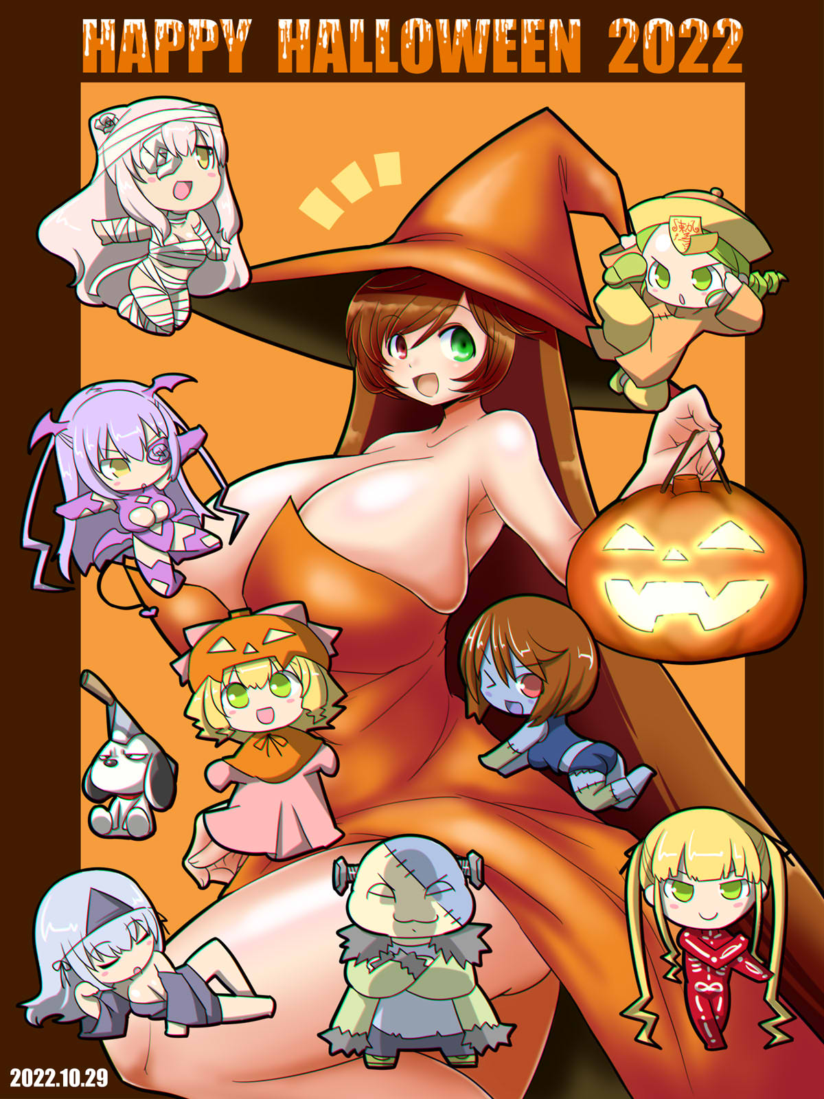 itini-sanshi, barasuishou, frankenstein's monster, hinaichigo, kanaria, kirakishou, shinku, souseiseki, suigintou, suiseiseki, 2channel, rozen maiden, commentary request, highres, 1boy, 2022, 6+girls, :d, alternate breast size (larger), alternate costume, black kimono, blonde hair, blue shirt, blue shorts, breasts, brown hair, chibi, cleavage, closed eyes, cosplay, demon costume, dress, exposed muscle, feet out of frame, flower eyepatch, frankenstein's monster (cosplay), full body, green eyes, green hair, halloween, happy halloween, hat, heterochromia, huge breasts, jack-o'-lantern, japanese clothes, jiangshi costume, kimono, large breasts, leotard, long hair, looking at viewer, multiple girls, mummy costume, object through head, one eye closed, open mouth, orange dress, orange hat, pink dress, pumpkin costume, purple hair, purple leotard, red eyes, screw in head, shirt, short hair, shorts, smile, strapless, strapless dress, triangular headpiece, very long hair, witch, witch hat, yellow eyes, yellow hat, zombie costume