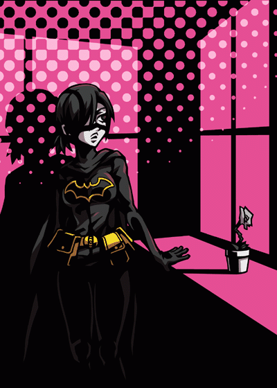 k kumahachi, kumehachi, batgirl, cassandra cain, batman (series), dc comics, bad id, bad pixiv id, 1girl, animification, bat (animal), belt, black hair, bodysuit, female focus, flower, mask, plant, polka dot, ponytail, potted plant, shadow, short hair, solo, window