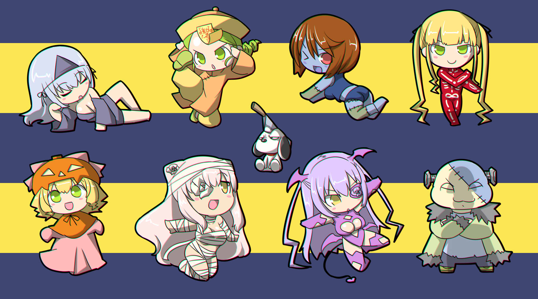 itini-sanshi, barasuishou, frankenstein's monster, hinaichigo, kanaria, kirakishou, shinku, souseiseki, suigintou, 2channel, rozen maiden, commentary request, highres, 1boy, 6+girls, black kimono, blonde hair, blue shirt, blue shorts, breasts, brown hair, chibi, cleavage, closed eyes, cosplay, demon costume, dress, exposed muscle, flower eyepatch, frankenstein's monster (cosplay), full body, green eyes, green hair, halloween, hat, japanese clothes, jiangshi costume, kimono, large breasts, leotard, long hair, looking at viewer, multiple girls, mummy costume, object through head, one eye closed, open mouth, orange dress, pink dress, pumpkin costume, purple hair, purple leotard, screw in head, shirt, short hair, shorts, smile, triangular headpiece, yellow eyes, yellow hat, zombie costume