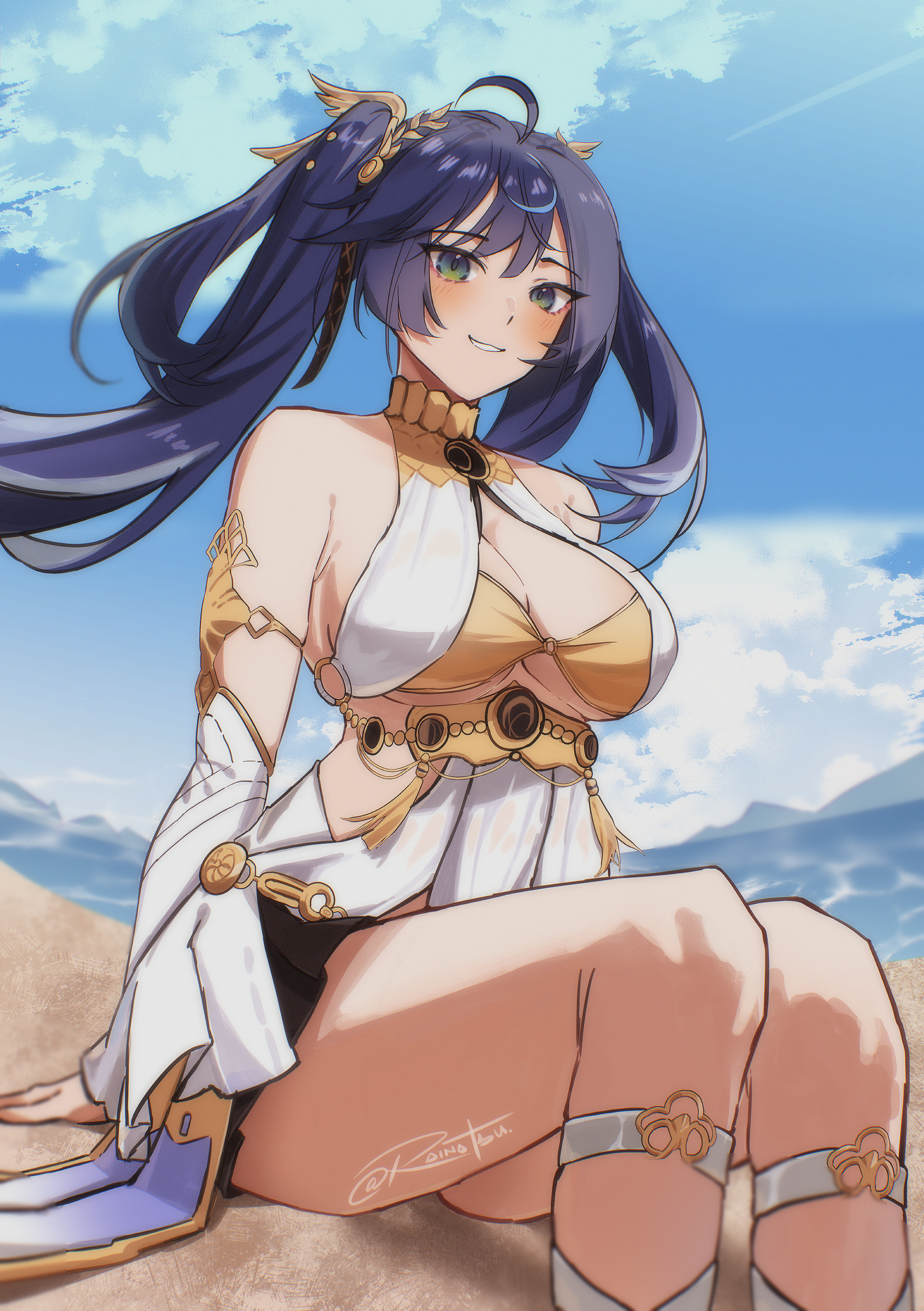 rainatsu, iuno (wuthering waves), wuthering waves, absurdres, commentary, english commentary, highres, 1girl, ahoge, ancient greek clothes, armlet, bare shoulders, black skirt, blue eyes, blue hair, blue sky, breasts, cleavage, commentary typo, day, gold bra, greco-roman clothes, jewelry, large breasts, laurel crown, long hair, looking at viewer, multicolored hair, outdoors, parted lips, signature, sitting, skirt, sky, smile, solo, streaked hair, thighs, twintails