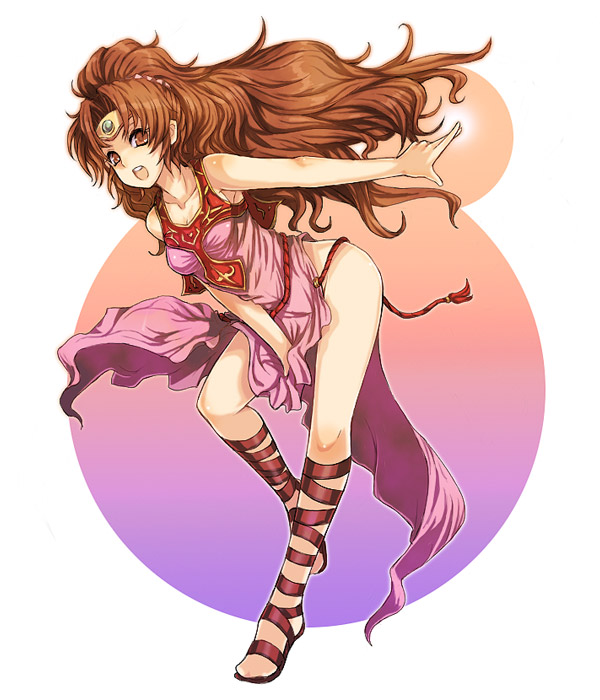 kara (color), linde (fire emblem), fire emblem, fire emblem: mystery of the emblem, fire emblem: shadow dragon, nintendo, 1girl, brown eyes, brown hair, circlet, dress, female focus, gladiator sandals, long hair, no panties, sandals, solo, thighs
