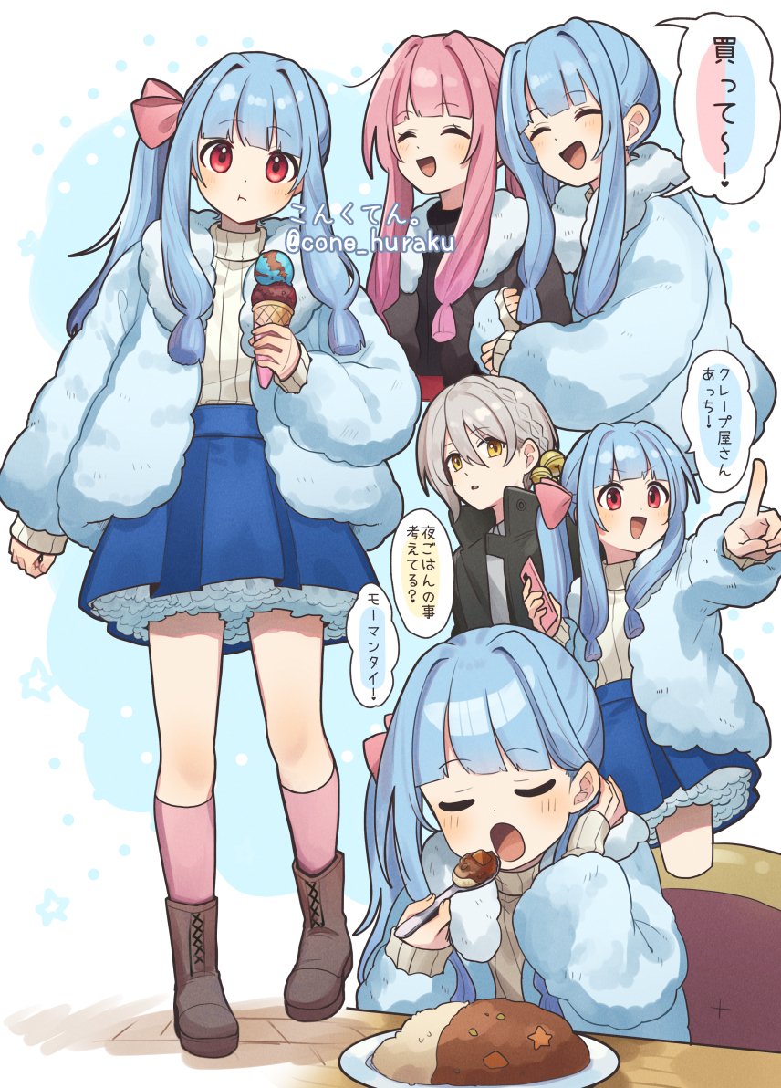 corn kuten, iori yuzuru, kotonoha akane, kotonoha aoi, voiceroid, commentary request, translation request, 3girls, :d, :o, :t, blue hair, blue skirt, blunt bangs, blush, boots, brown boots, closed eyes, closed mouth, curry, curry rice, eating, food, full body, grey hair, hair ribbon, holding, holding food, holding ice cream, holding spoon, ice cream, long hair, multiple girls, multiple views, one side up, open mouth, outstretched arm, pink hair, pink ribbon, pink socks, plate, pointing, red eyes, ribbed sweater, ribbon, rice, short hair, siblings, sisters, skirt, smile, socks, speech bubble, spoon, standing, sweater, white sweater
