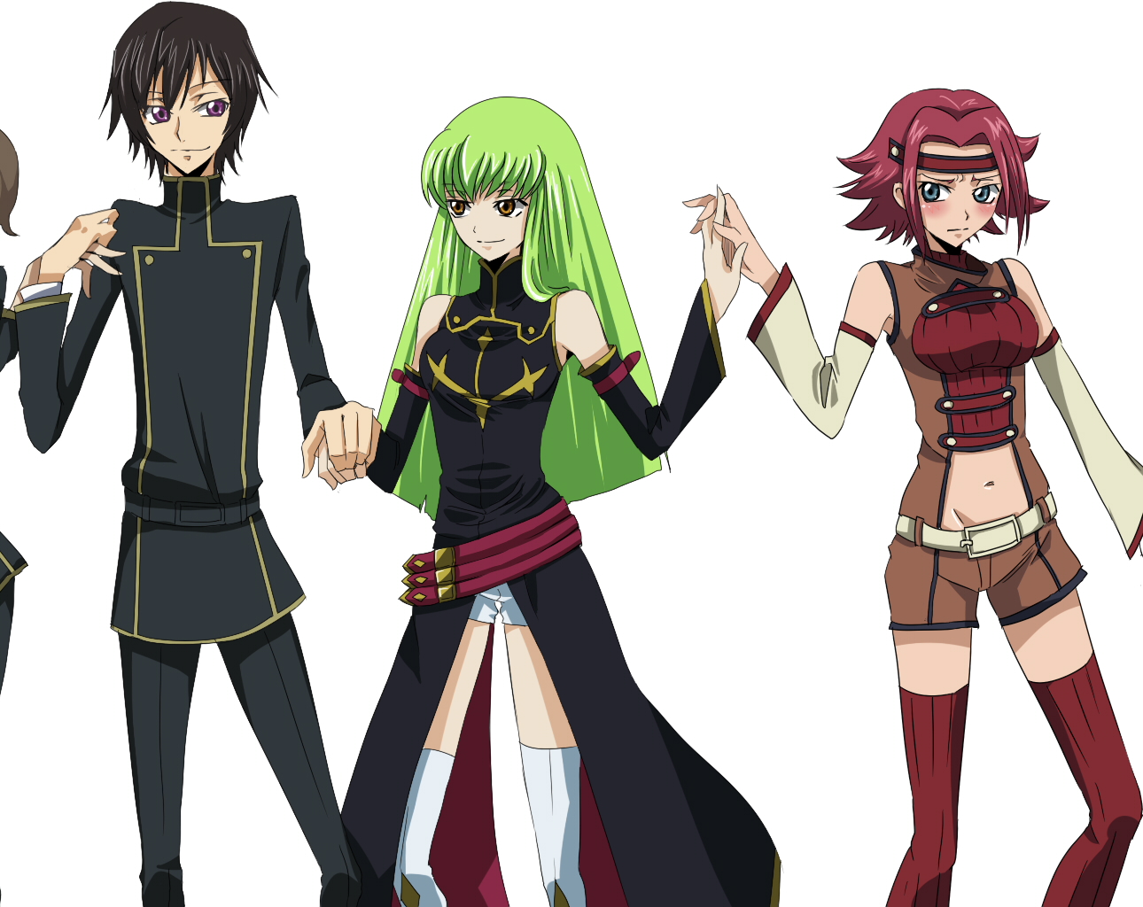 freckle, furekuru (freckle), c.c., kouzuki kallen, lelouch vi britannia, code geass, bad id, bad pixiv id, 00s, 1boy, 2girls, bare shoulders, belt, blue eyes, detached sleeves, green hair, long hair, midriff, multiple girls, red hair, short hair, sleeveless, sleeveless turtleneck, thighhighs, turtleneck, yellow eyes