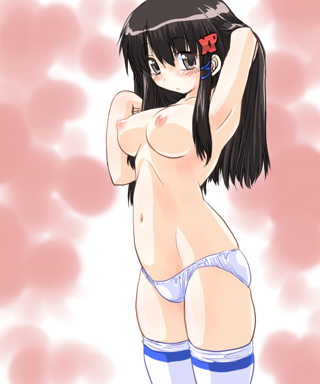 dd (ijigendd), xp-tan, microsoft, microsoft windows, os-tan, windows xp, striped, 1girl, armpits, black hair, blue panties, blue theme, blush, breasts, brown eyes, collarbone, female focus, hair ornament, hairclip, hand in own hair, large breasts, long hair, looking at viewer, navel, nipples, panties, personification, pink background, solo, standing, thighhighs, topless female, underwear