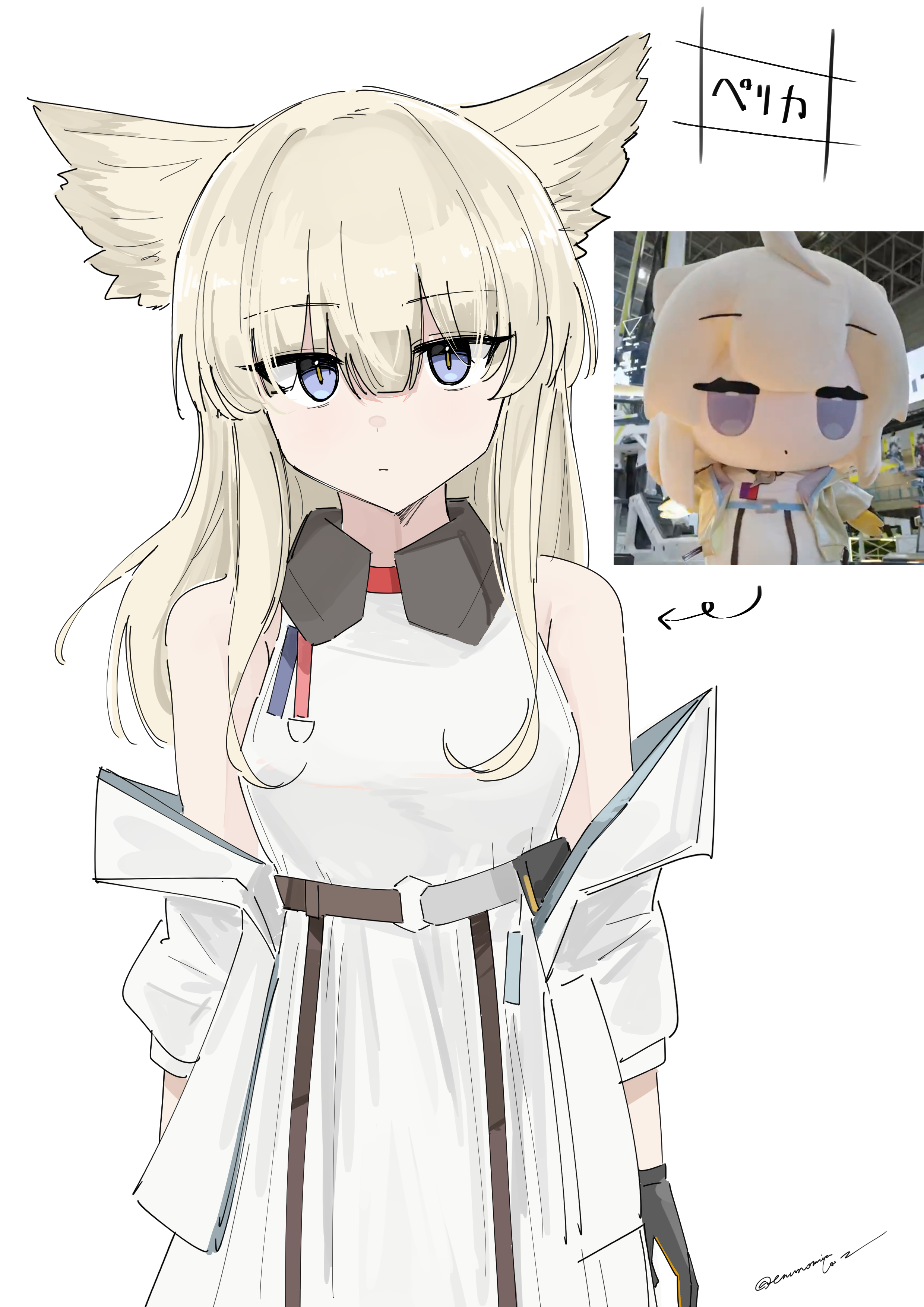 enunomiya, perlica (arknights), arknights, arknights: endfield, absurdres, commentary request, highres, translation request, 1girl, animal ears, bird ears, bird girl, black gloves, blonde hair, blue eyes, breasts, character name, closed mouth, dress, expressionless, gloves, jacket, long hair, looking at viewer, medium breasts, off shoulder, photo inset, signature, simple background, sleeveless, sleeveless dress, solo, white background, white dress, white jacket