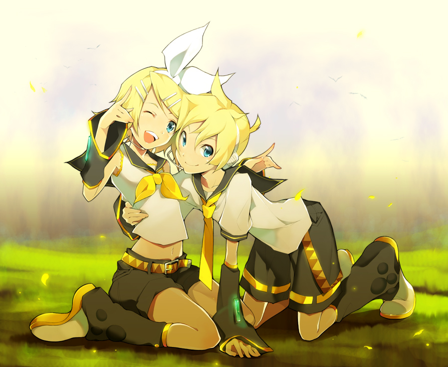 tsujisaki (coa3), tujisaki, kagamine len, kagamine rin, vocaloid, bad id, bad pixiv id, 1boy, 1girl, blonde hair, brother and sister, kneeling, midriff, one eye closed, short hair, shorts, siblings, sitting, smile, twins, wink
