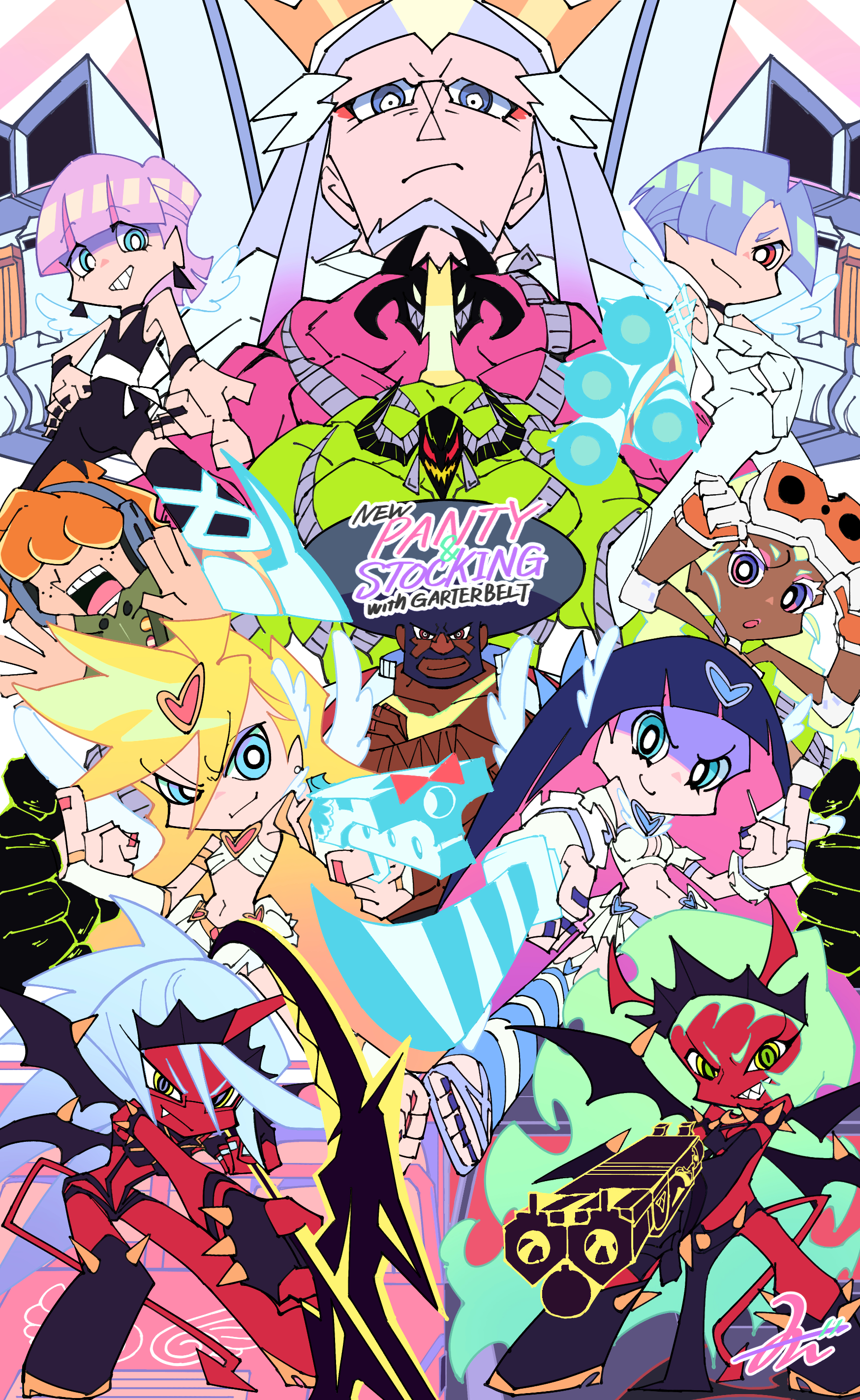 brief (psg), chuck (psg), fastener (psg), gunsmith bitch (psg), kneesocks (psg), panty (psg), polyester (psg), polyurethane (psg), scanty (psg), stocking (psg), panty & stocking with garterbelt, absurdres, highres, 5boys, 5girls, anime coloring, blonde hair, blue eyes, colored inner hair, copyright name, english text, green eyes, green hair, grey hair, mave 001, multicolored hair, multiple boys, multiple girls, orange hair, pink hair, purple hair, ramie (psg), red eyes, title