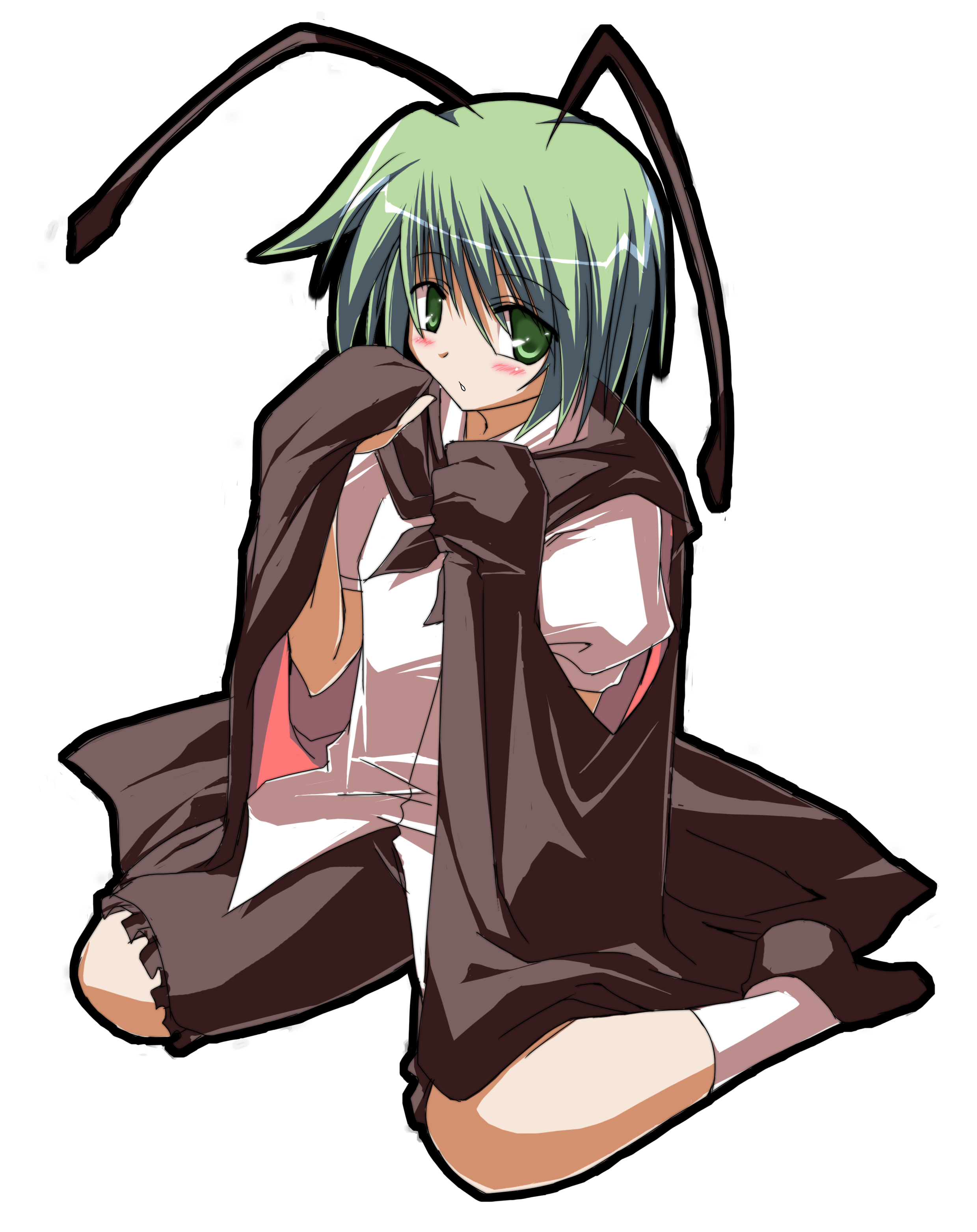 sakurame, wriggle nightbug, touhou, absurdres, bad id, bad pixiv id, highres, 1girl, antennae, blush, female focus, full body, green hair, short hair, simple background, solo, white background