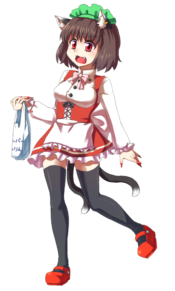 mizu mochi, chen, touhou, bad id, bad pixiv id, 1girl, animal ears, bag, black thighhighs, breasts, brown hair, cat ears, cat girl, cat tail, earrings, fang, female focus, full body, hat, jewelry, maid, multiple tails, red eyes, ribbon, short hair, simple background, solo, tail, thighhighs, white background, zettai ryouiki