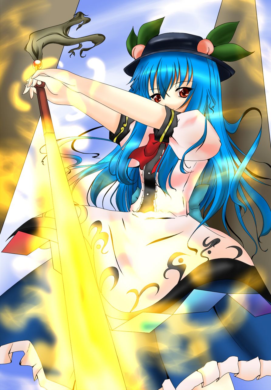 haku rin, shirosuzu, hinanawi tenshi, touhou, highres, 1girl, blue hair, female focus, food, fruit, hat, long hair, peach, ribbon, solo, standing, sword, sword of hisou, weapon