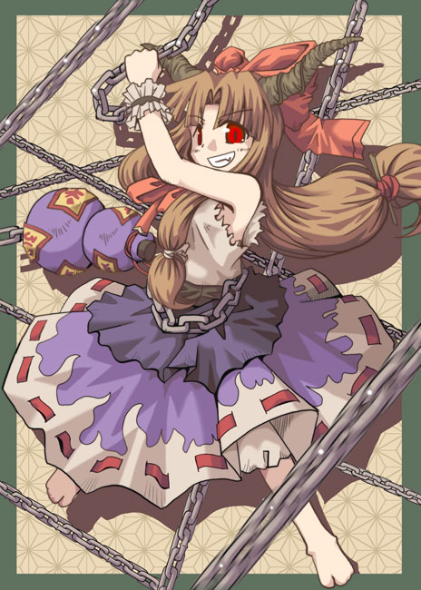 kitsune nakata taruto, ibuki suika, touhou, 1girl, brown hair, chain, female focus, horns, long hair, ribbon, solo