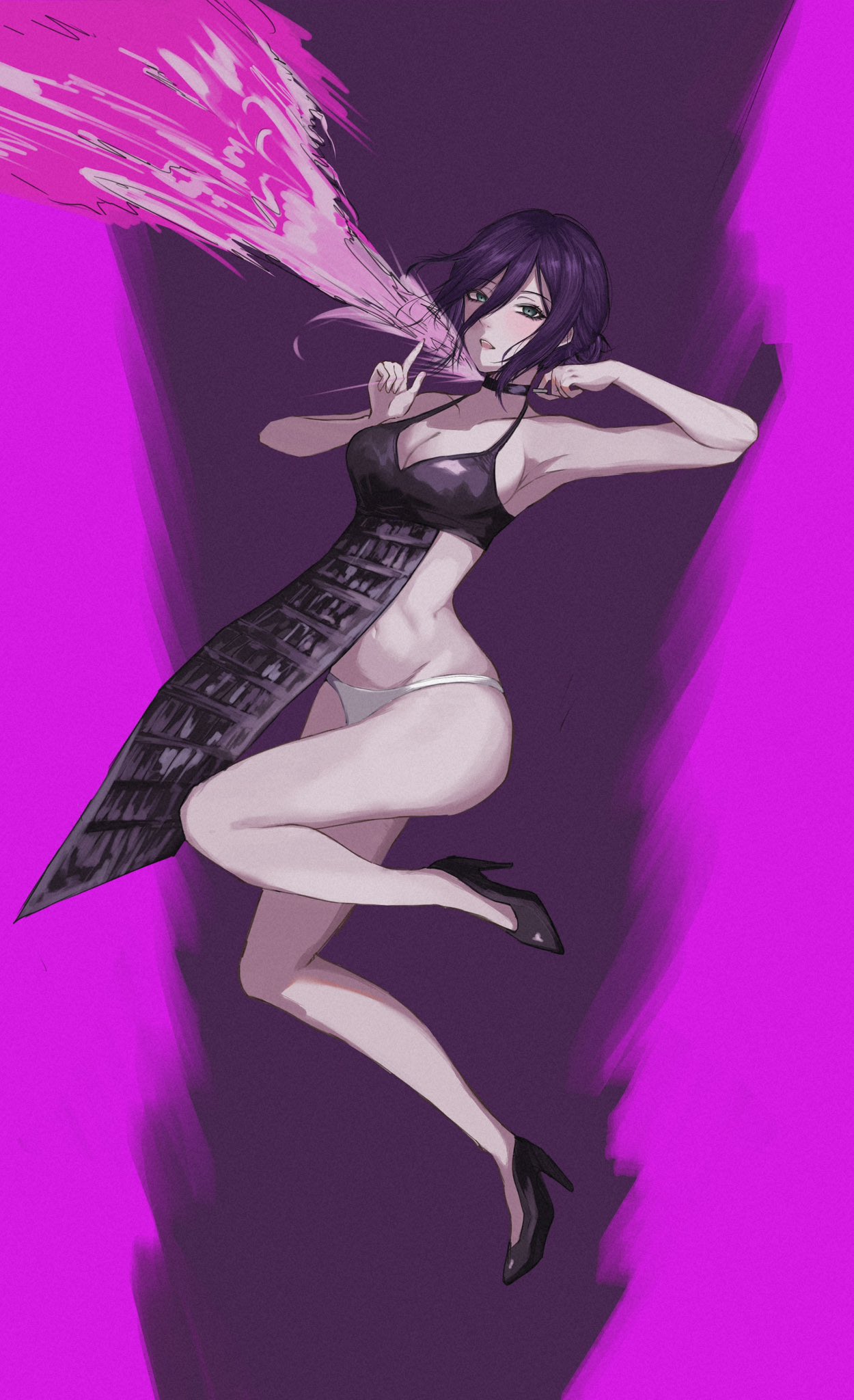 reze (chainsaw man), chainsaw man, highres, 1girl, apron, armpits, black apron, black bra, black choker, black shoes, bra, breasts, choker, cleavage, green eyes, hair between eyes, hair bun, high heels, index finger raised, looking at viewer, medium breasts, myttel1315, open mouth, panties, pink background, pulling, purple hair, shoes, sidelocks, solo, underwear, underwear only, white panties