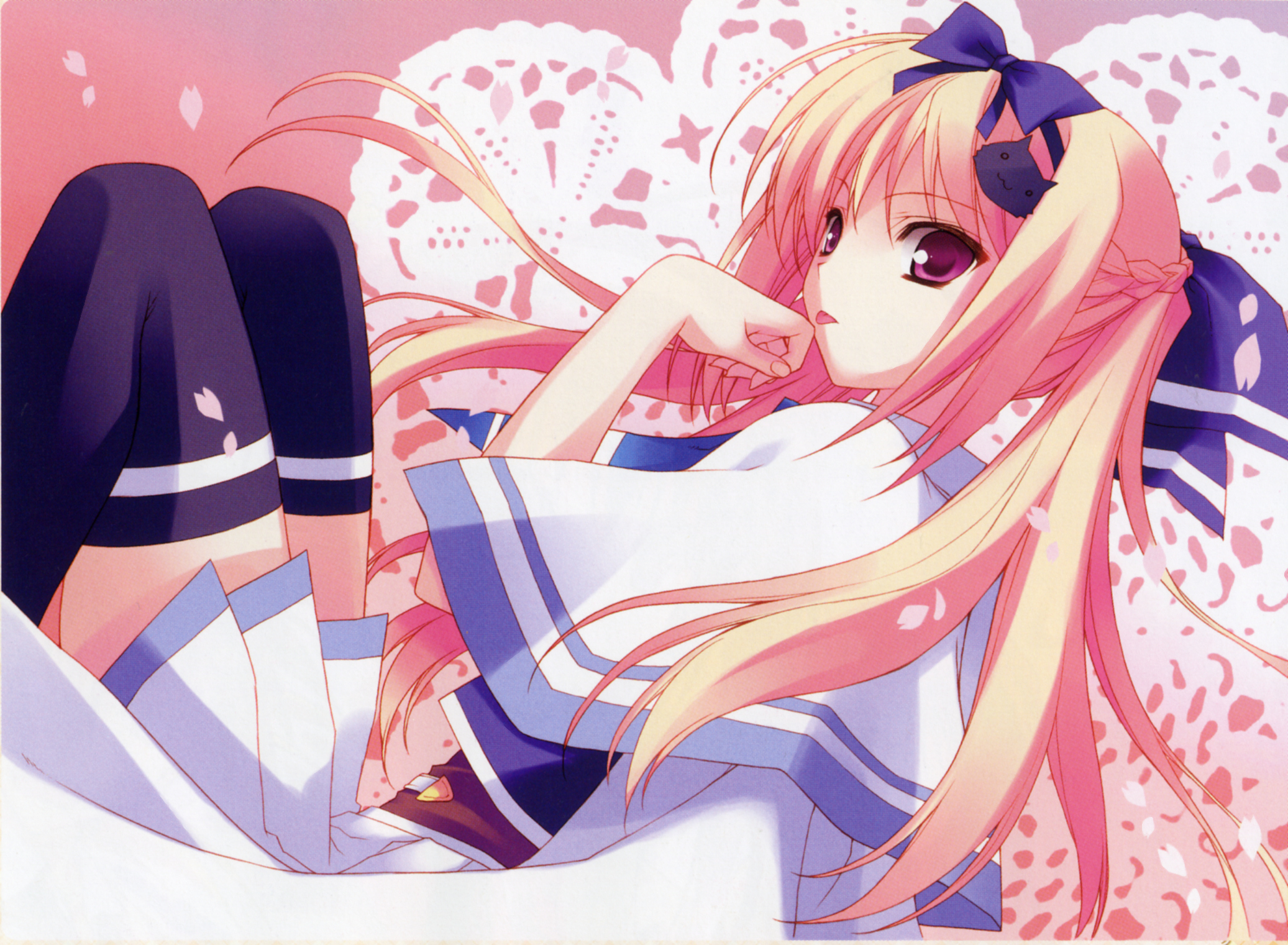 suzuhira hiro, lulli, sakura strasse, highres, 1girl, blonde hair, cat hair ornament, dutch angle, female focus, hair ornament, hair ribbon, licking, long hair, paw pose, pink eyes, ribbon, solo, thighhighs
