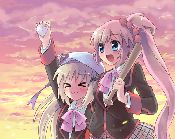 kuguri oimo, noumi kudryavka, saigusa haruka, little busters!, > <, 2girls, :3, ball, baseball (object), baseball bat, beret, bow, closed eyes, hair ornament, hairclip, hat, holding, holding baseball bat, multiple girls, pink bow, plaid clothes, plaid skirt, school uniform, serafuku, skirt, x3