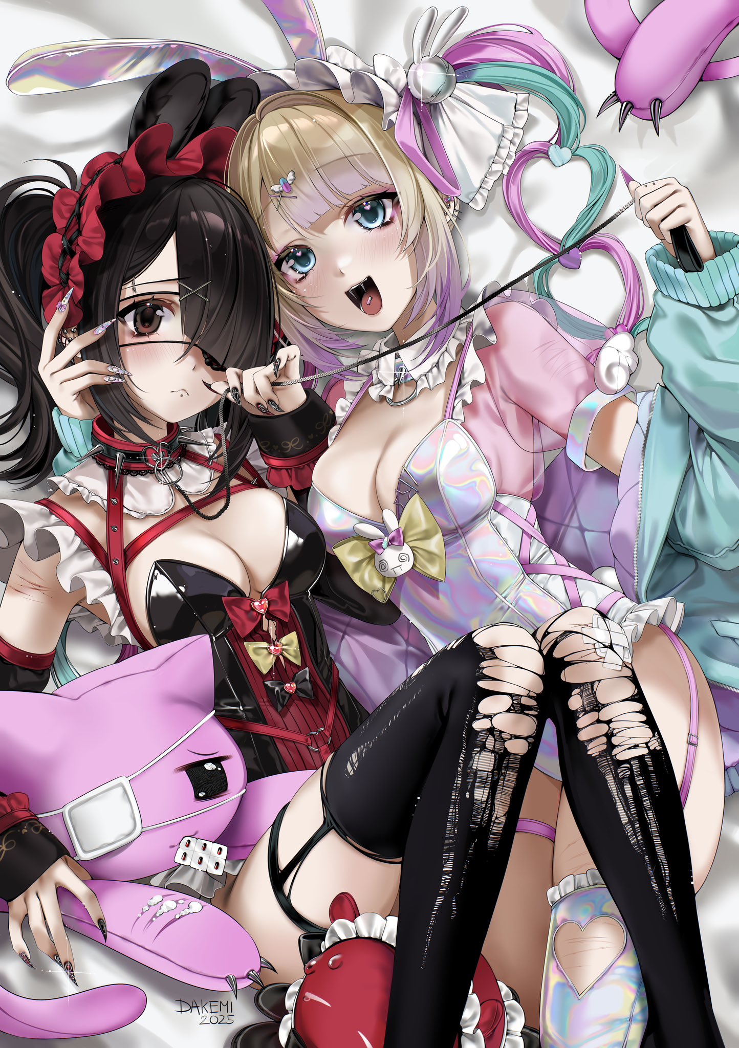 dakemichan, ame-chan (needy girl overdose), chouzetsusaikawa tenshi-chan, pien cat (needy girl overdose), needy girl overdose, commentary, highres, symbol-only commentary, 2girls, animal ears, black hair, black leotard, black thighhighs, blonde hair, blue hair, breasts, cleavage, expressionless, eyepatch, fake animal ears, frills, hair ornament, holding, holding leash, leash, leotard, looking at viewer, lying, multicolored hair, multiple girls, nontraditional playboy bunny, on back, open mouth, pink hair, rabbit ears, see-through clothes, see-through sleeves, short twintails, thigh strap, thighhighs, torn clothes, torn thighhighs, twintails, white leotard, x hair ornament