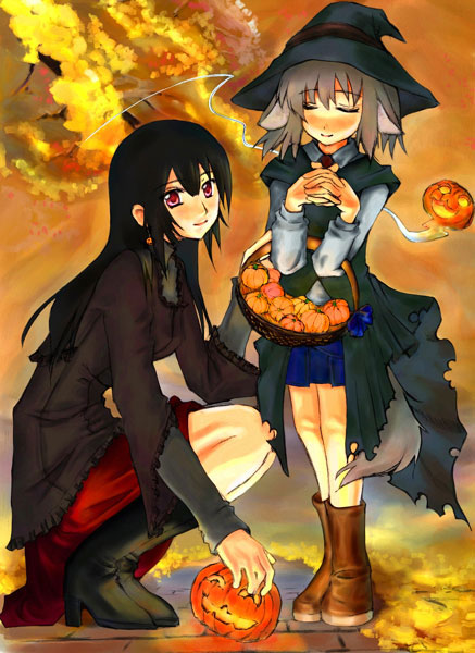 animal ears, basket, boots, fingers interlaced, halloween, jack-o'-lantern, own hands clasped, own hands together, pumpkin, red eyes, tail