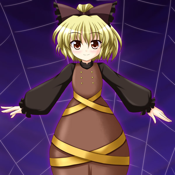 bococho, kurodani yamame, subterranean animism, touhou, bad id, bad pixiv id, 1girl, blonde hair, female focus, orange eyes, silk, solo, spider web, split mouth, standing