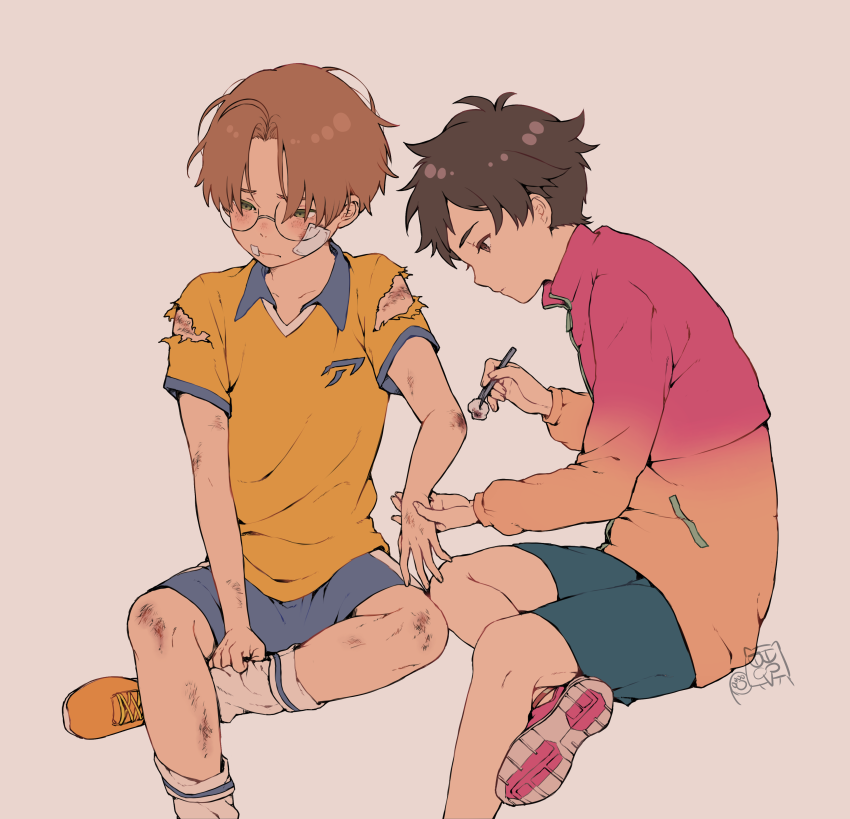andressina, jinnai enta, yasaka kazuki, sarazanmai, commentary, 2boys, blue shorts, brown hair, closed mouth, gradient clothes, gradient jacket, injury, jacket, male focus, multiple boys, round eyewear, shirt, short hair, shorts, sitting, soccer uniform, socks, sportswear, torn clothes, torn shirt, white background, white socks, yellow shirt