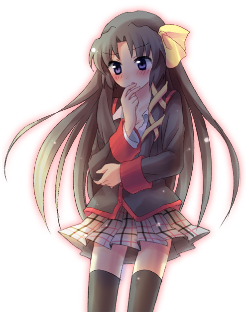 kuguri oimo, kurugaya yuiko, little busters!, blush, hair ribbon, long hair, plaid clothes, plaid skirt, ribbon, school uniform, serafuku, skirt, solo, thighhighs