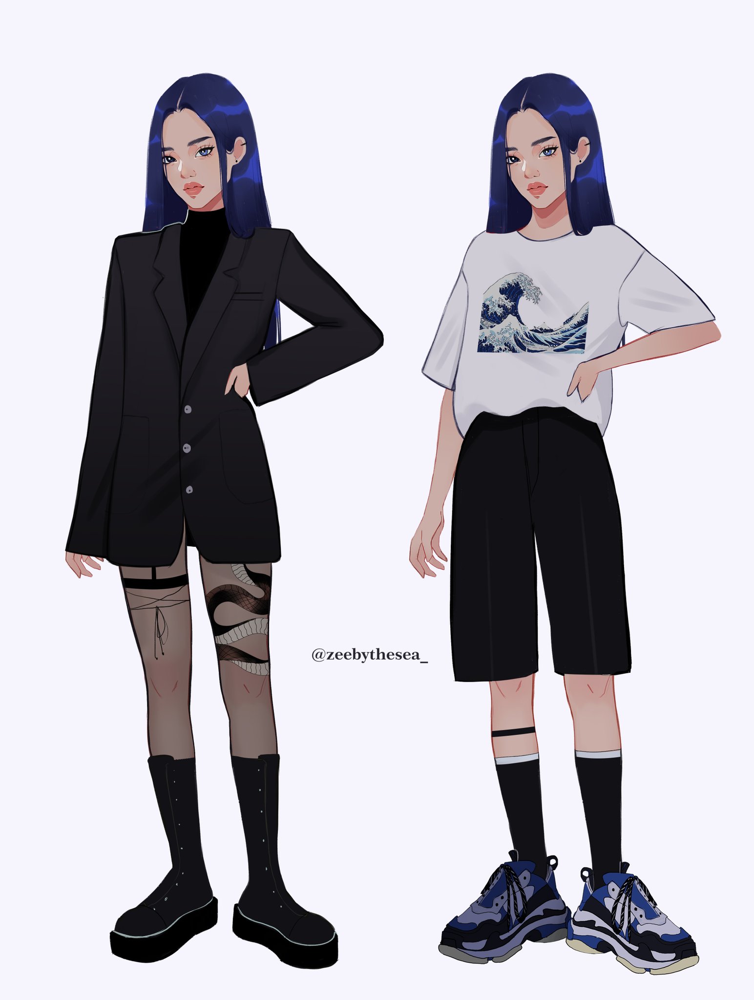 zeebythesea, umi (zeebythesea), kanagawa okinami ura, original, highres, 1girl, aegyo sal, asian, baggy shorts, black boots, black eyes, black shirt, black shorts, black socks, blazer, blue eyes, blue hair, blunt ends, boots, closed mouth, eyelashes, fashion, fine art parody, full body, hair behind ear, hand on own hip, heterochromia, high-waist shorts, jacket, knee boots, leg tattoo, long hair, looking at viewer, multicolored shoes, multiple views, oversized clothes, oversized jacket, oversized shirt, pantyhose, parody, parted bangs, platform boots, shin strap, shirt, shirt tucked in, shoes, shorts, simple background, sleeves past wrists, snake tattoo, sneakers, socks, standing, straight hair, t-shirt, tattoo, thick eyebrows, thick lips, thigh strap, turtleneck, twitter username, white background, white shirt