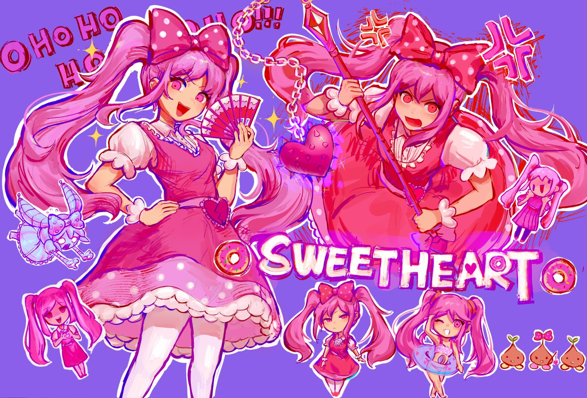 bujialamaimaiti978, mutantheart (omori), perfectheart (omori), roboheart (omori), sprout mole, sweetheart (omori), omori, chinese commentary, commentary request, highres, 4girls, :d, anger vein, belt, bow, breasts, chain, character name, chibi, chibi inset, collared shirt, cropped torso, donut, double-parted bangs, dress, feet out of frame, food, frilled sleeves, frilled wrist cuffs, frills, from above, hair between eyes, hair bow, hand fan, hand on own hip, hand up, heart, heart belt, holding, holding fan, holding flail, humanoid robot, laughing, long hair, multiple girls, multiple views, official alternate costume, open mouth, pantyhose, pink belt, pink bow, pink dress, pink eyes, pink hair, polka dot, polka dot bow, polka dot dress, purple background, red eyes, robot, saturated, shirt, sidelocks, simple background, sleeveless, sleeveless dress, small breasts, smile, sparkle, standing, tongue, twintails, two-tone bow, v-shaped eyebrows, very long hair, white bow, white pantyhose, white shirt, white wrist cuffs, wrist cuffs