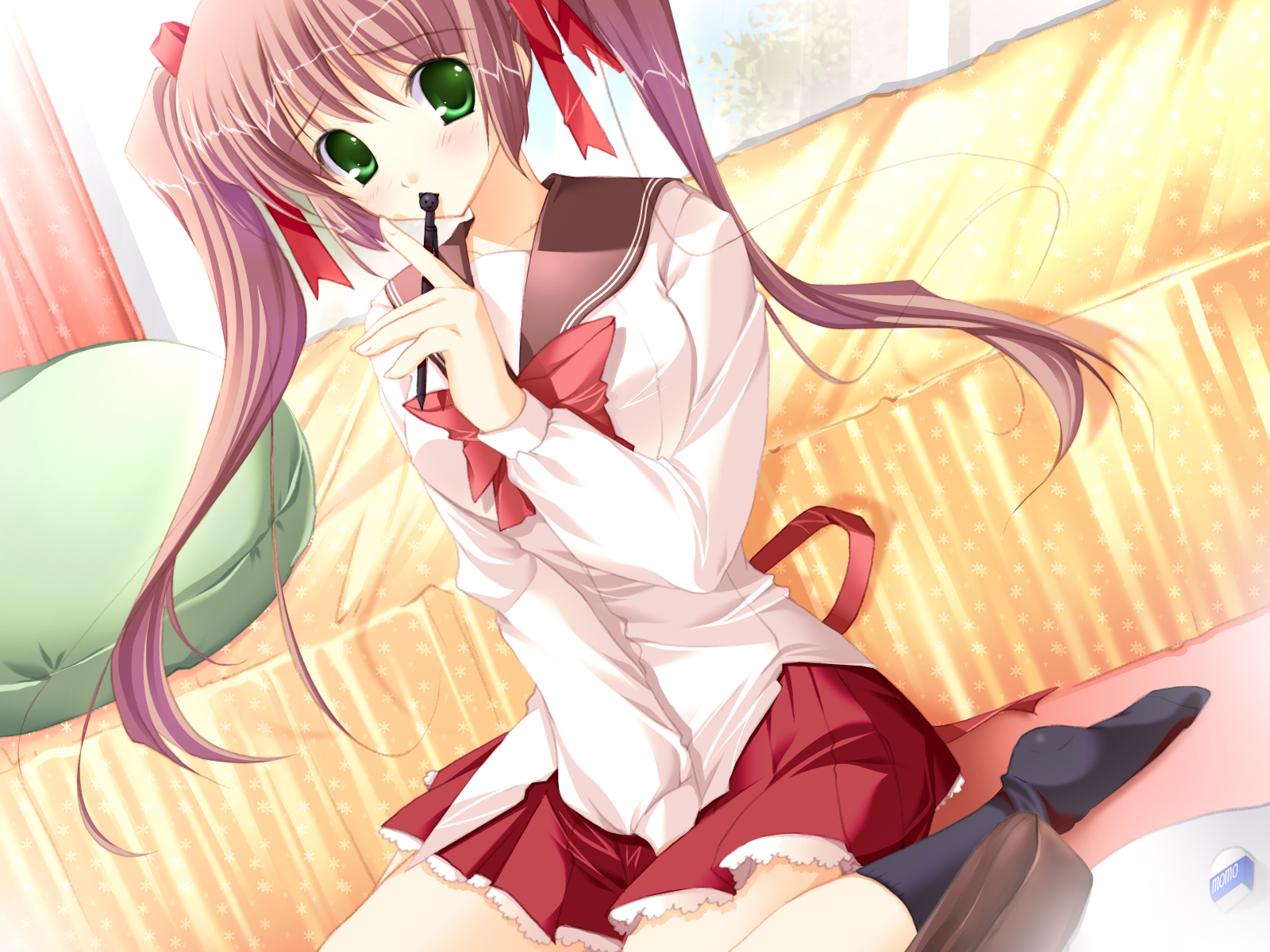 mikeou, highres, 1girl, bed, blush, eraser, female focus, green eyes, hair ribbon, mechanical pencil, pencil, ribbon, school uniform, serafuku, skirt, socks, solo, twintails