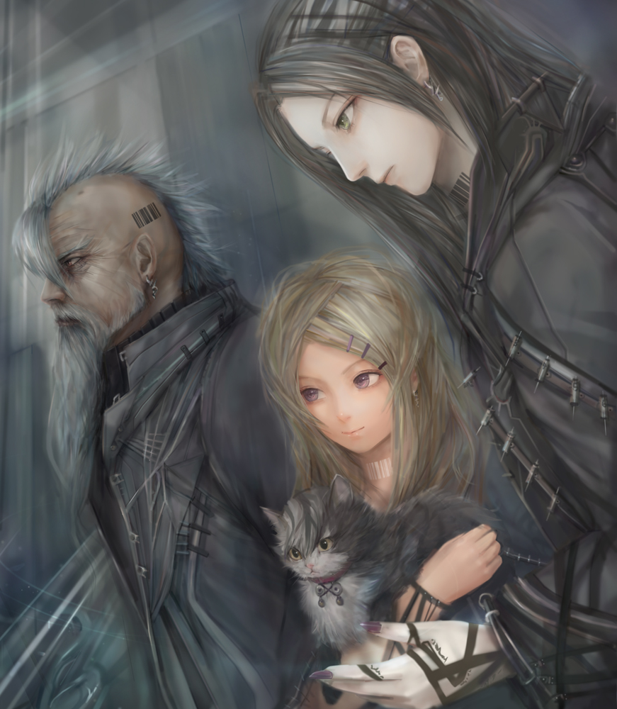 miche, original, bad id, bad pixiv id, barcode, beard, blonde hair, cat, earrings, facial hair, hair ornament, hairclip, jewelry, long hair, pink eyes, yellow eyes