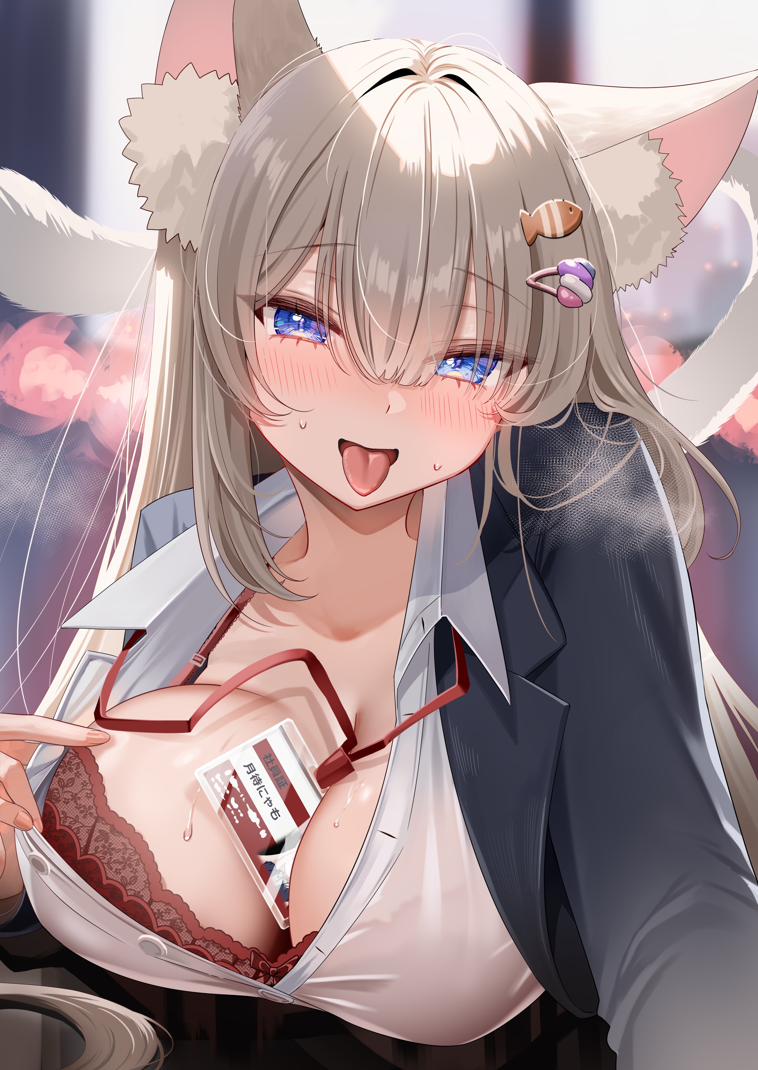 piyopoyo, tsukimachi nyamo, indie virtual youtuber, absurdres, artist request, highres, second-party source, 1girl, animal ear fluff, animal ears, between breasts, blue eyes, bra, bra peek, breasts, cat ears, cat girl, cat tail, collared shirt, fish hair ornament, grey hair, hair ornament, hairclip, id card, jacket, lanyard, large breasts, long hair, looking at viewer, office lady, shirt, solo, tail, tongue, tongue out, underwear, virtual youtuber