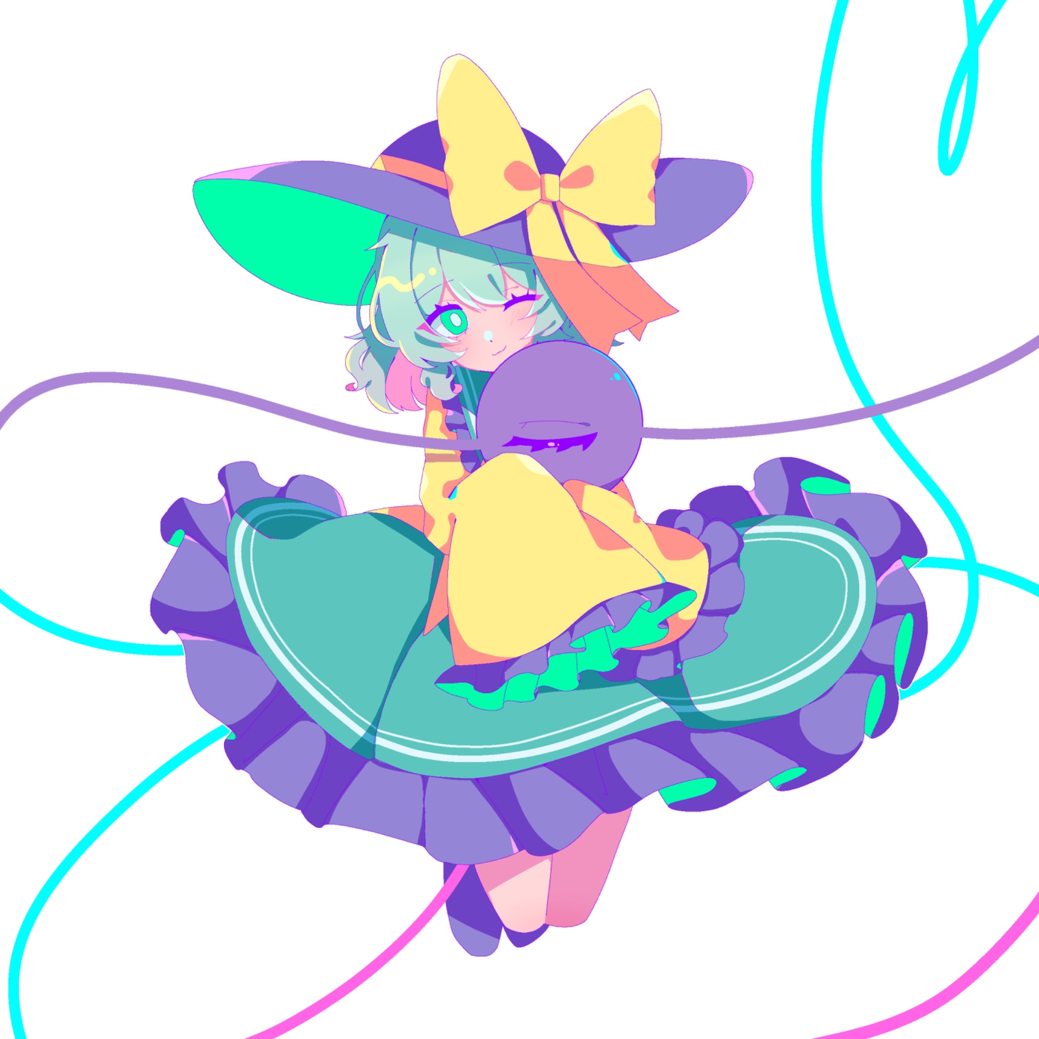mint onyo, komeiji koishi, touhou, commentary request, highres, 1girl, ;3, black hat, blouse, blush, bow, bright pupils, buttons, diamond button, eyeball, frilled sleeves, frills, full body, green eyes, green hair, green skirt, hat, hat bow, hat ribbon, heart, heart of string, jumping, one eye closed, ribbon, shirt, simple background, skirt, solo, third eye, white background, white pupils, yellow bow, yellow ribbon, yellow shirt