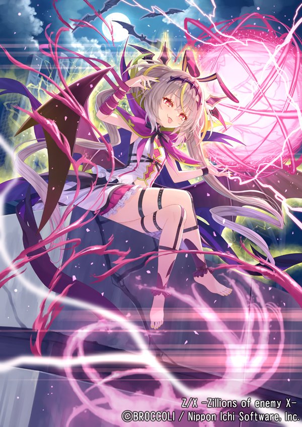 tadokoro teppei, z/x, official art, 1girl, :3, aura, barefoot, bat (animal), bat wings, blonde hair, closed mouth, copyright notice, crossed legs, dress, electricity, energy ball, frilled dress, frills, from below, full moon, grey hair, hair ornament, hastur (z/x), head wings, long hair, moon, multicolored hair, night, night sky, outdoors, sitting, sky, solo, thigh strap, tongue, tongue out, twintails, very long hair, white dress, wings